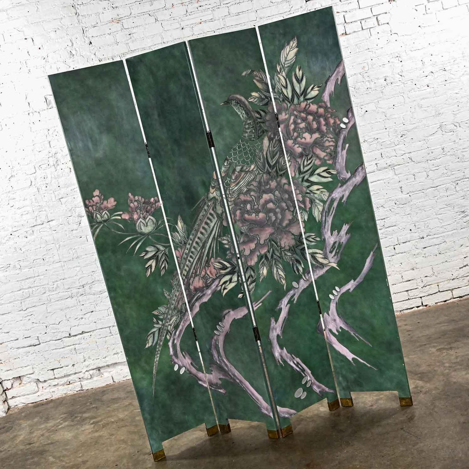 Hand-Carved Four Panel Folding Screen Modern Asian Chinoiserie Tall Green Hand Carved For Sale