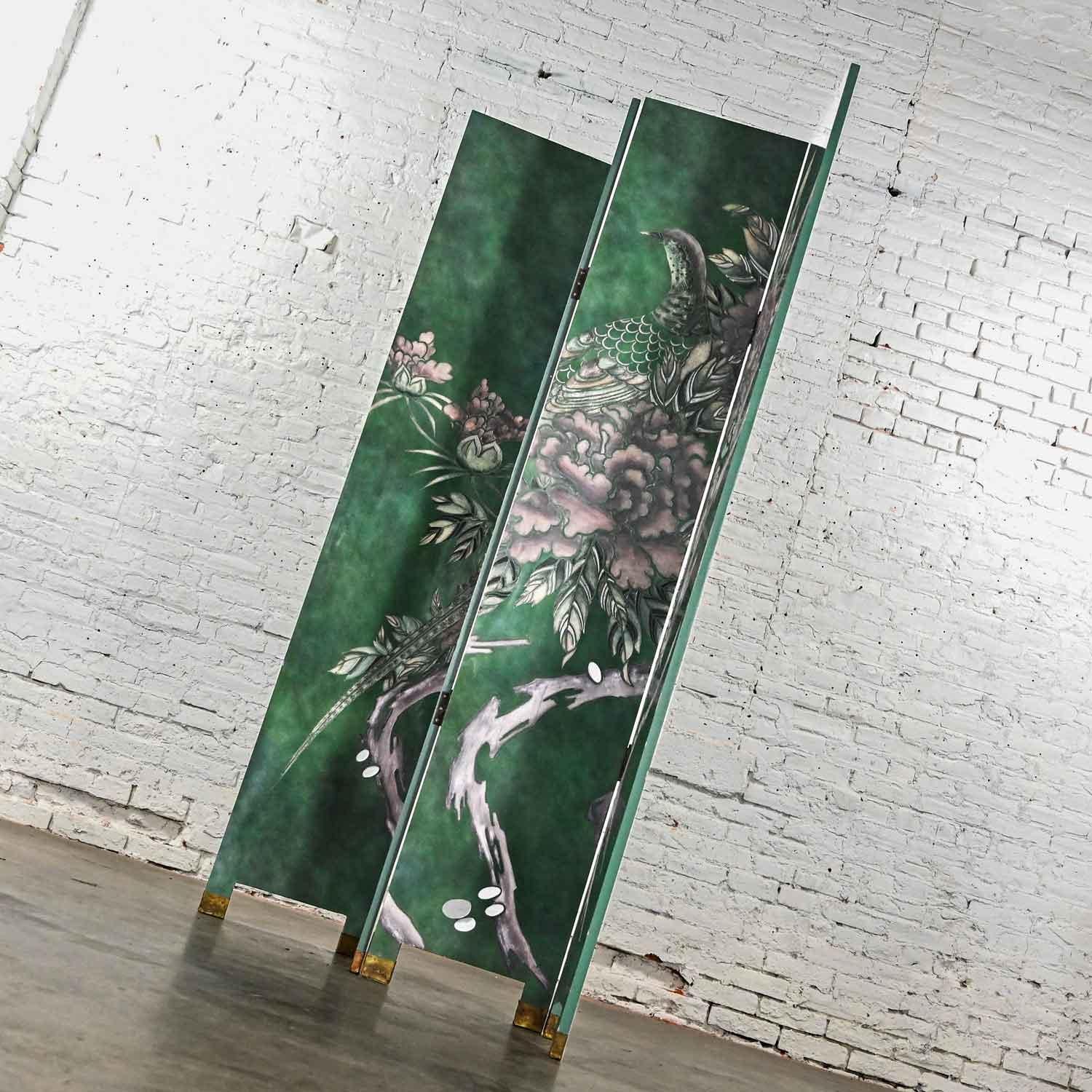 20th Century Four Panel Folding Screen Modern Asian Chinoiserie Tall Green Hand Carved For Sale