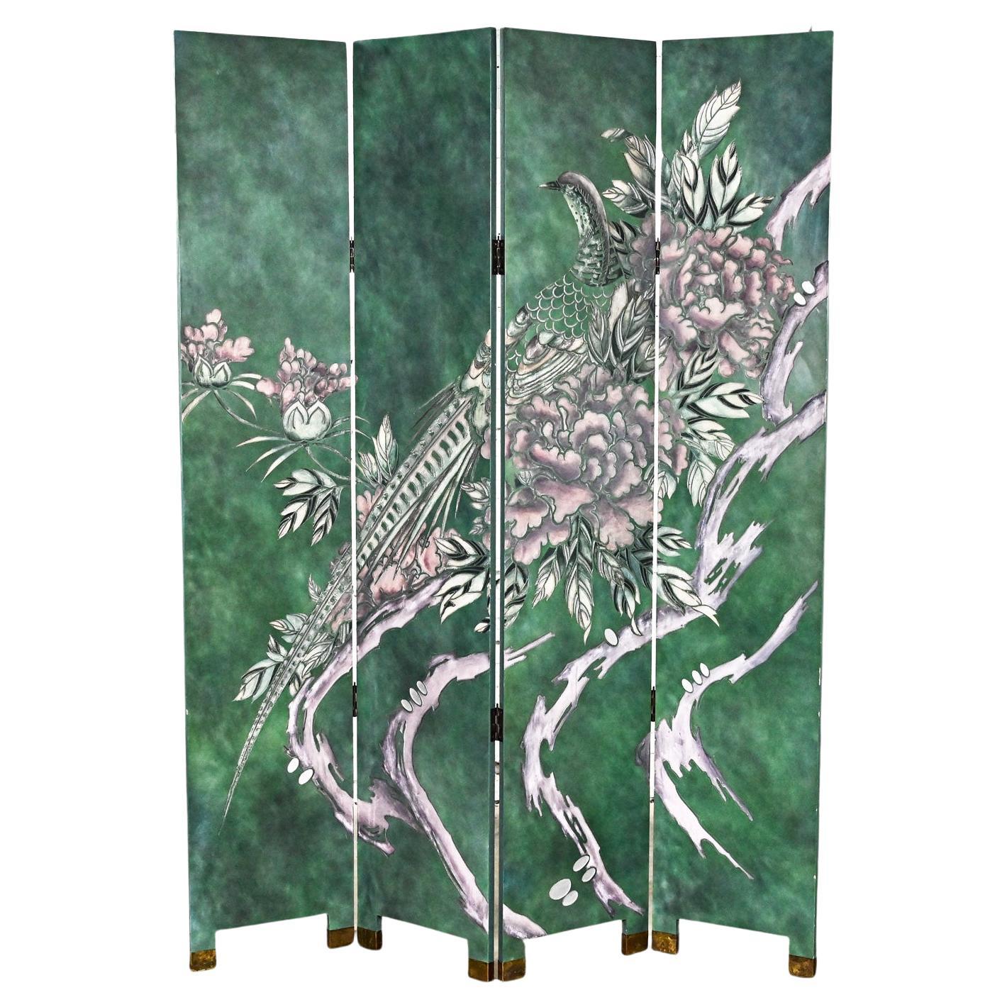 Grand écran pliant à quatre panneaux de style chinoiserie asiatique moderne, sculpté à la main, vert 