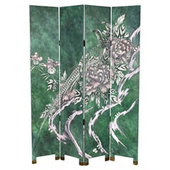 Vintage Four Panel Folding Screen Modern Asian Chinoiserie Tall Green Hand Carved