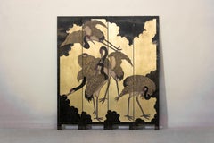 Four-Panel Folding Screen with Gilt Ground and Painted Cranes in Clouds