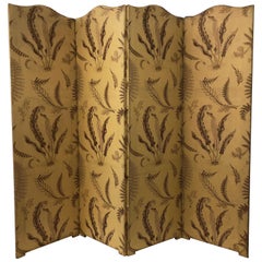 Four-Panel French Room Divider with Silk Neutral Colored Fabric and a Leaf Motif