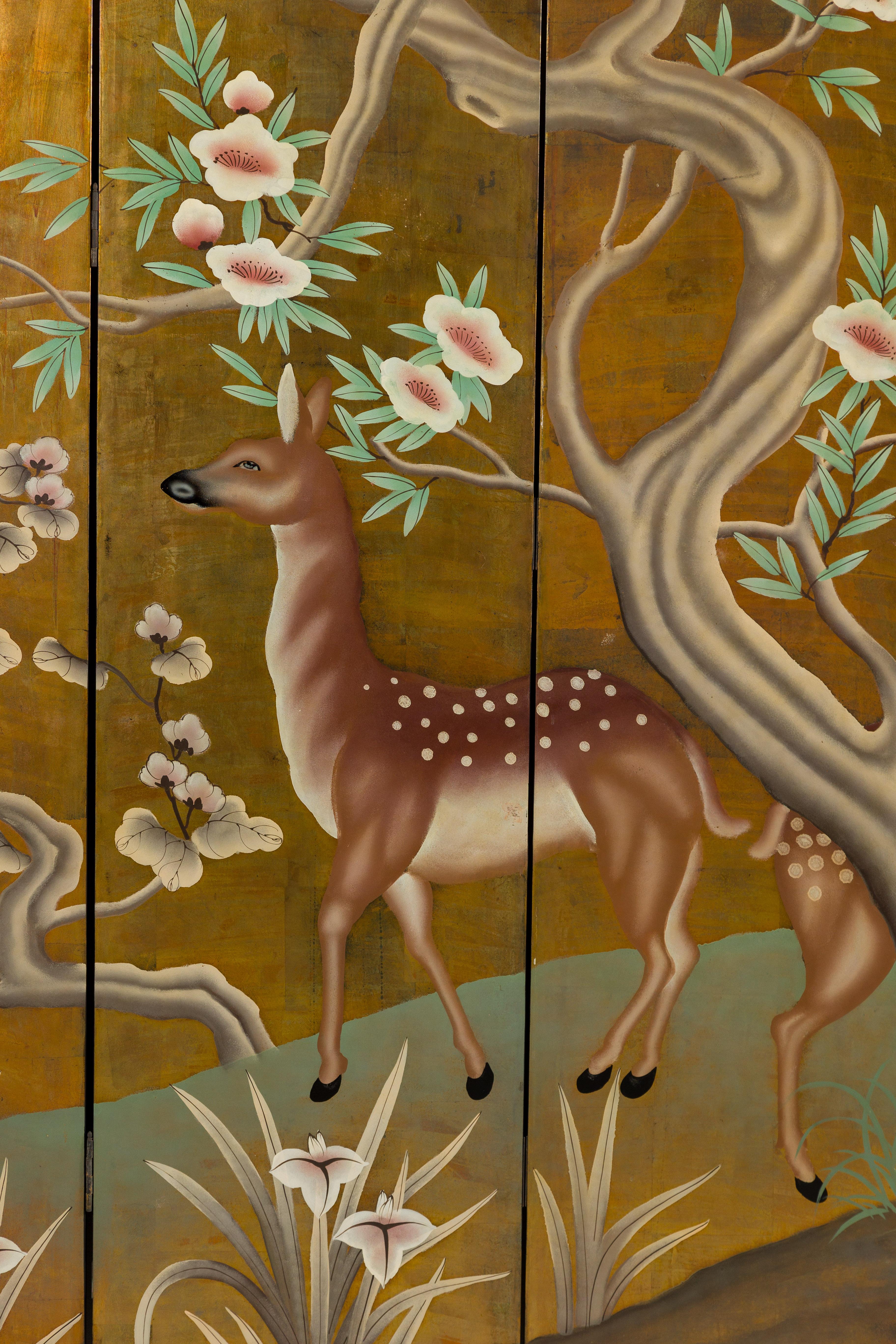 Four-Panel Gilded Wood Scalloped Top Screen with Deer, Trees and Flowers 4