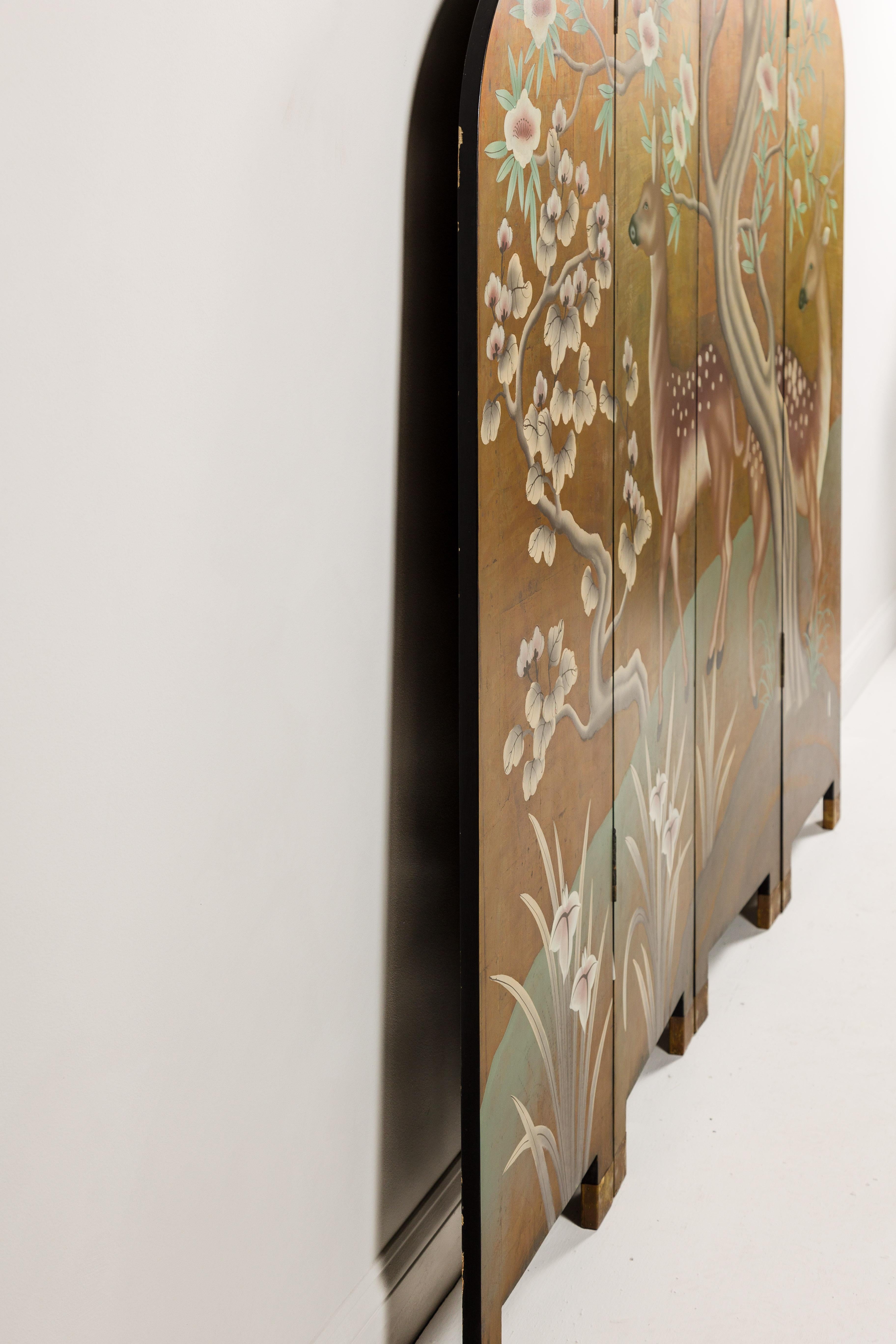 Four-Panel Gilded Wood Scalloped Top Screen with Deer, Trees and Flowers 6