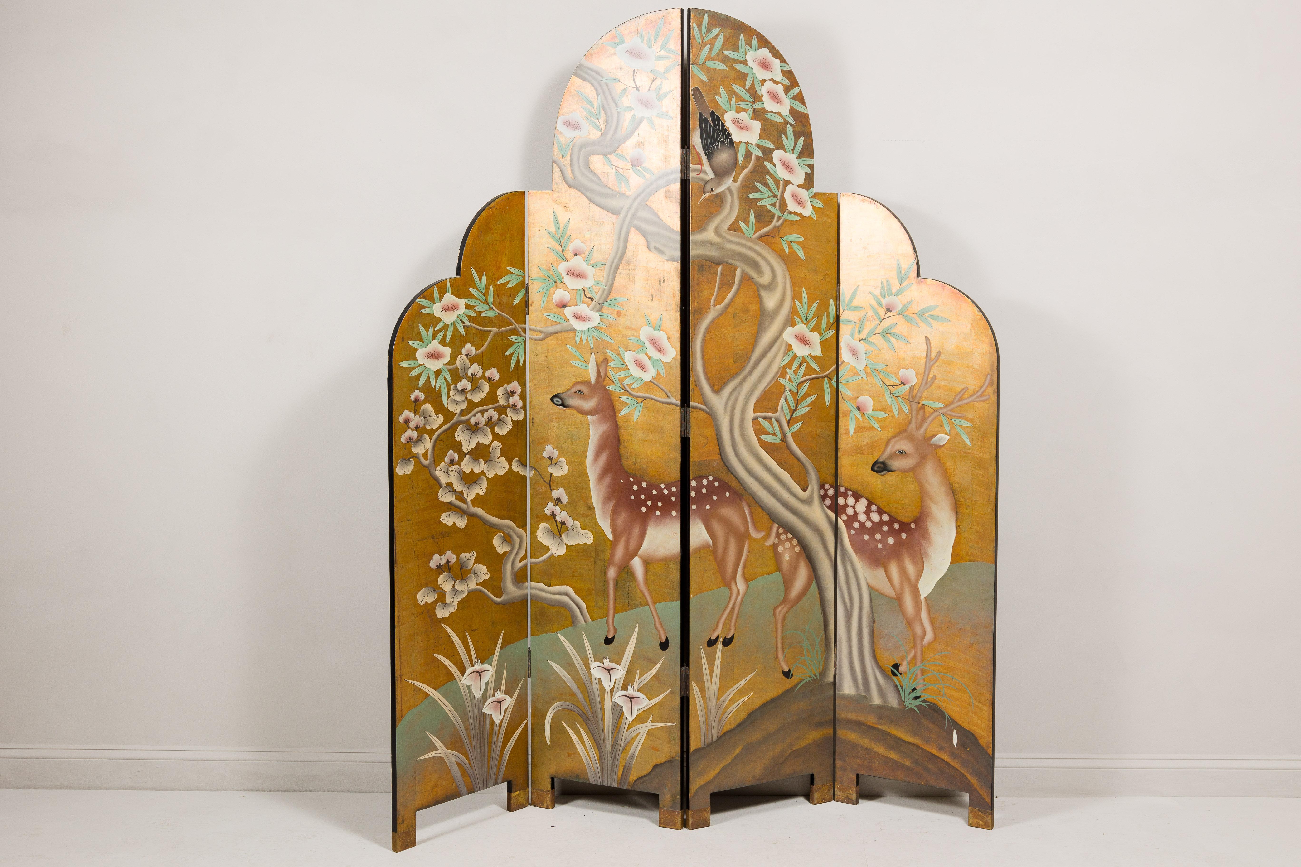 Four-Panel Gilded Wood Scalloped Top Screen with Deer, Trees and Flowers 7