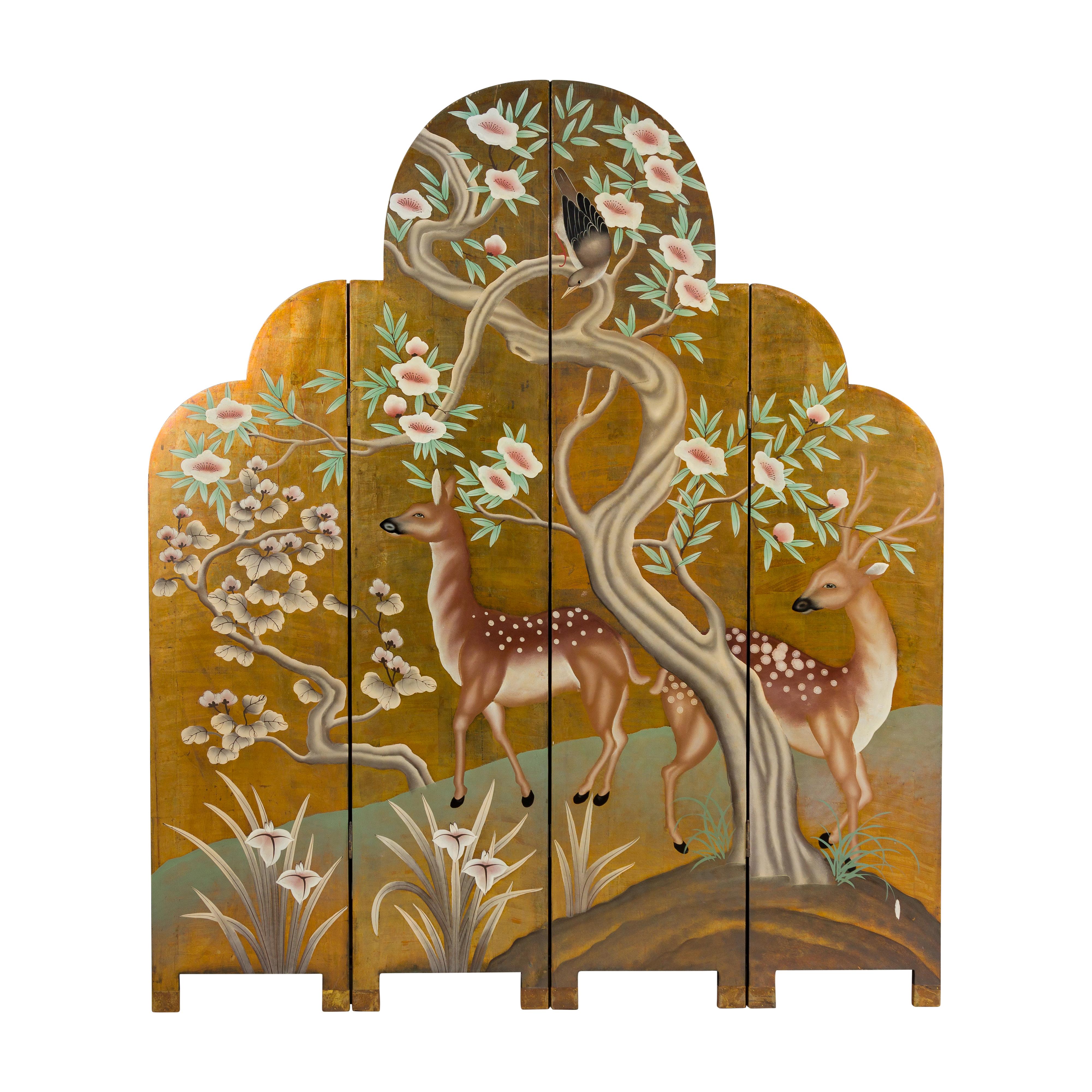Four-Panel Gilded Wood Scalloped Top Screen with Deer, Trees and Flowers 10
