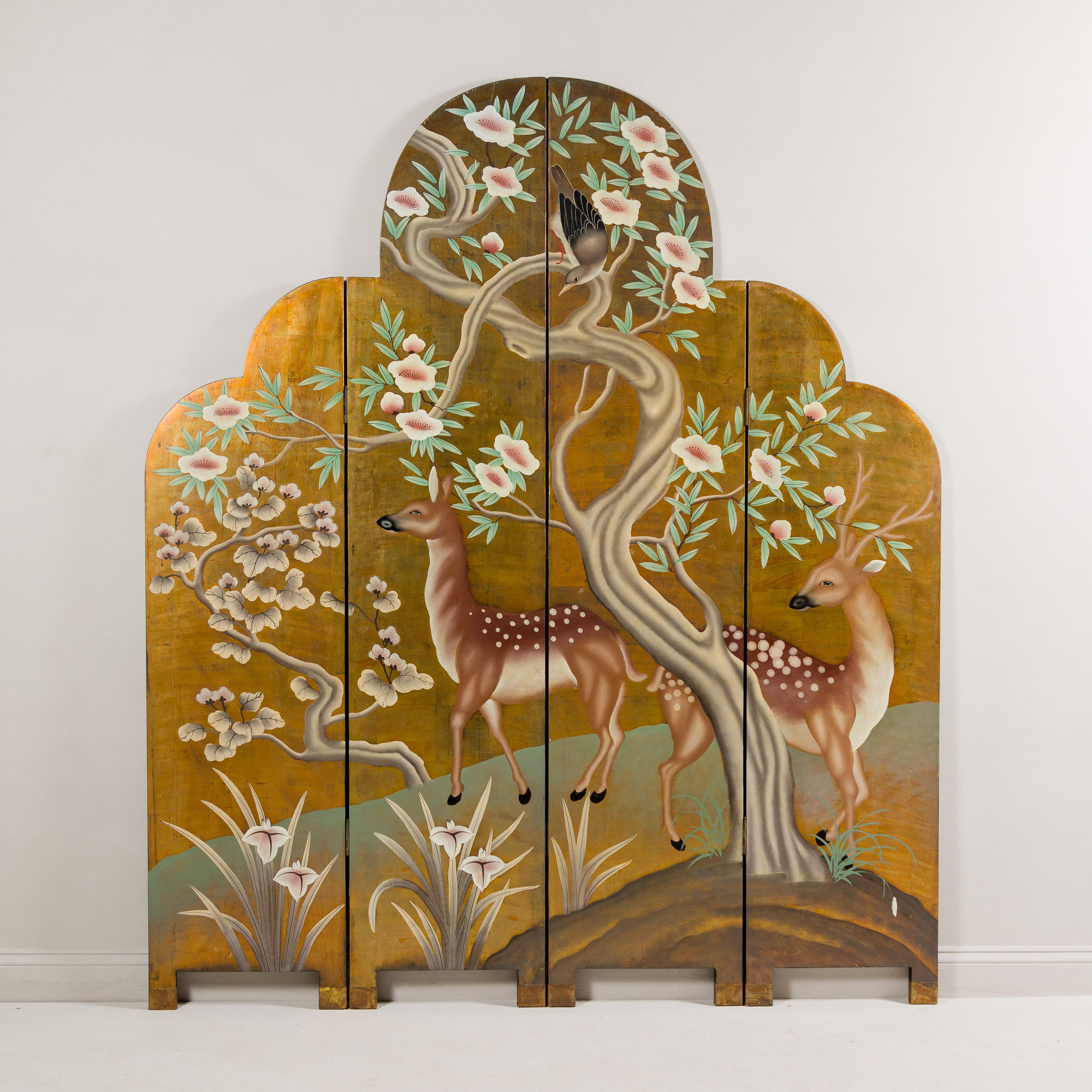 Chinese Four-Panel Gilded Wood Scalloped Top Screen with Deer, Trees and Flowers
