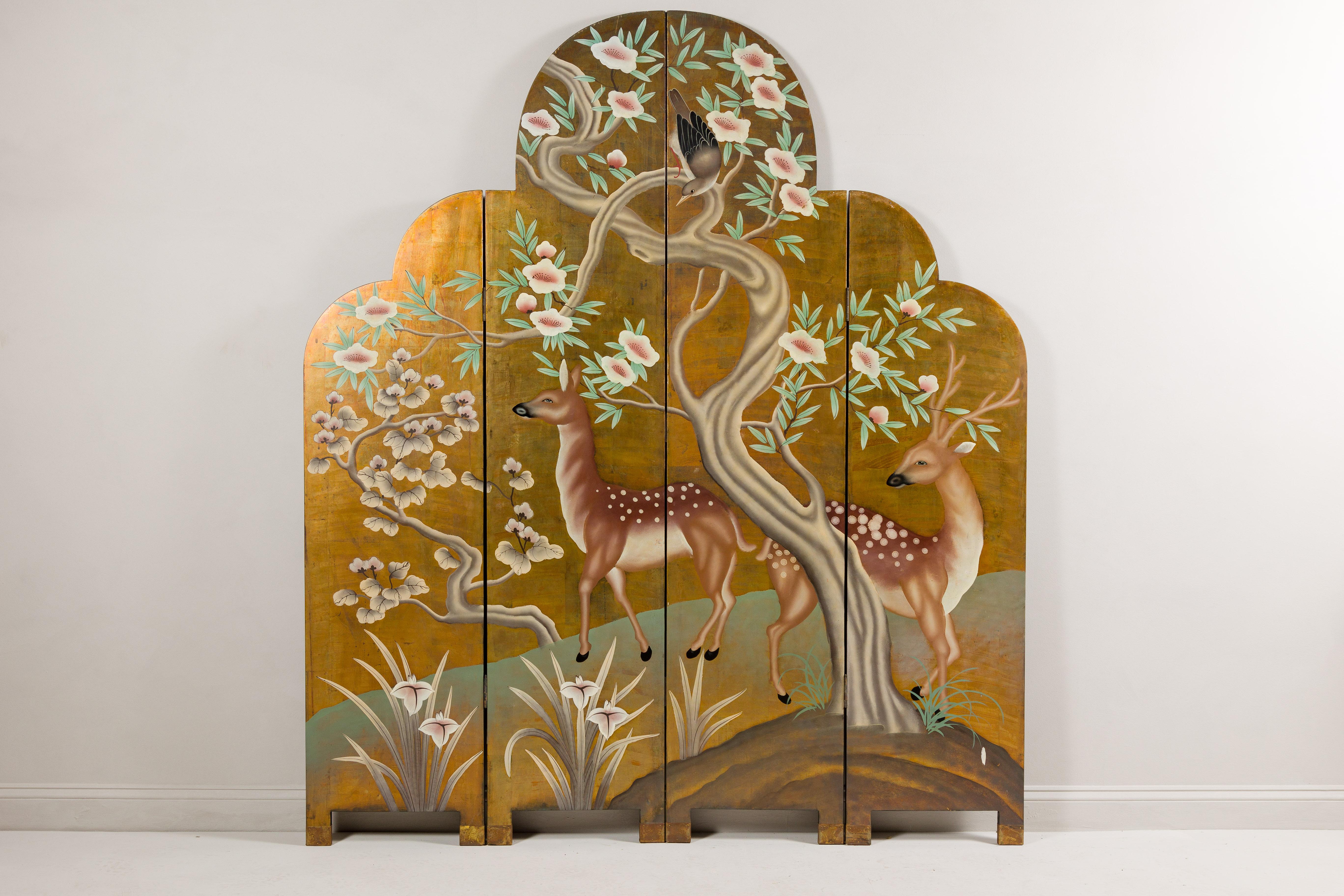 Gilt Four-Panel Gilded Wood Scalloped Top Screen with Deer, Trees and Flowers