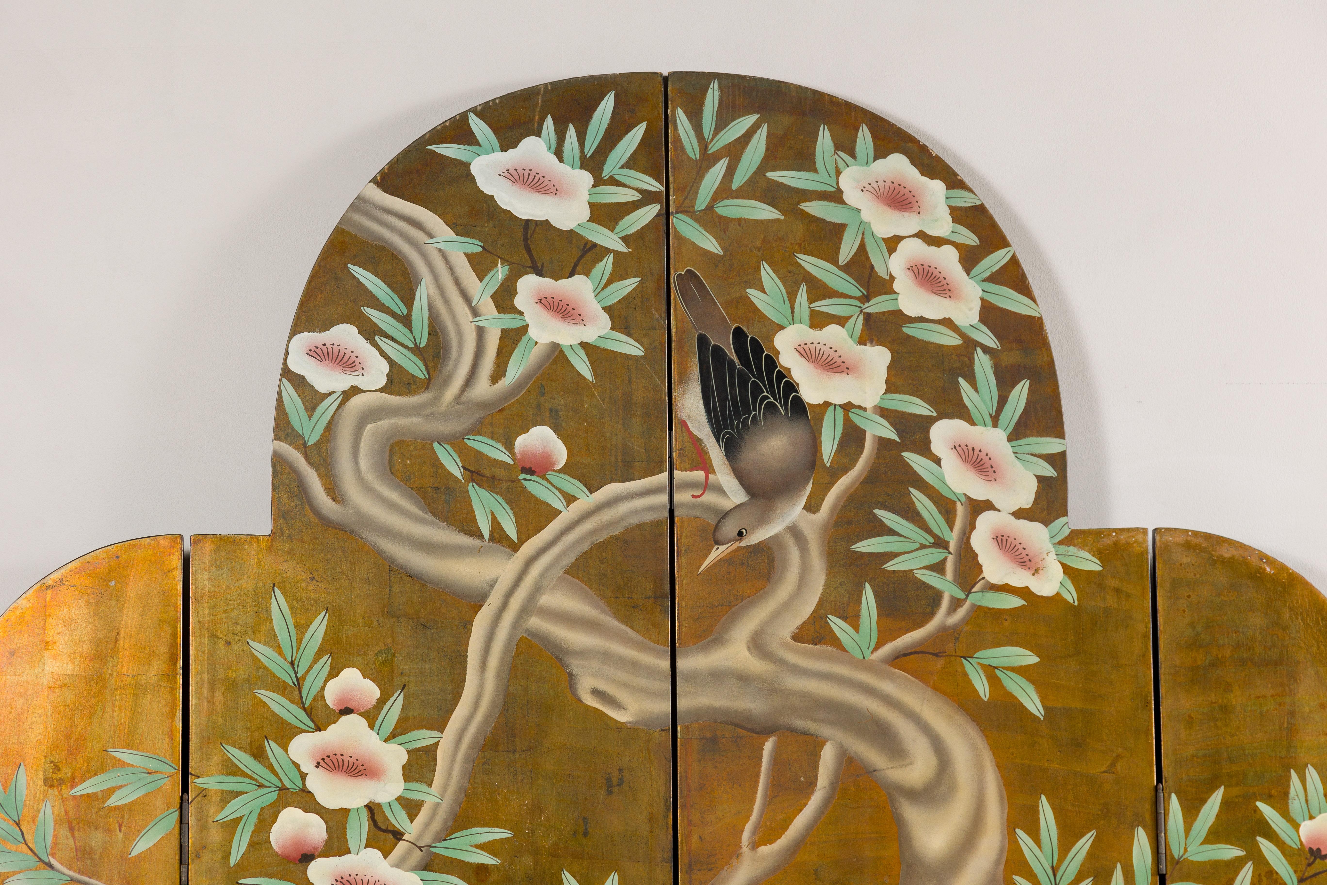 Four-Panel Gilded Wood Scalloped Top Screen with Deer, Trees and Flowers In Good Condition In Yonkers, NY