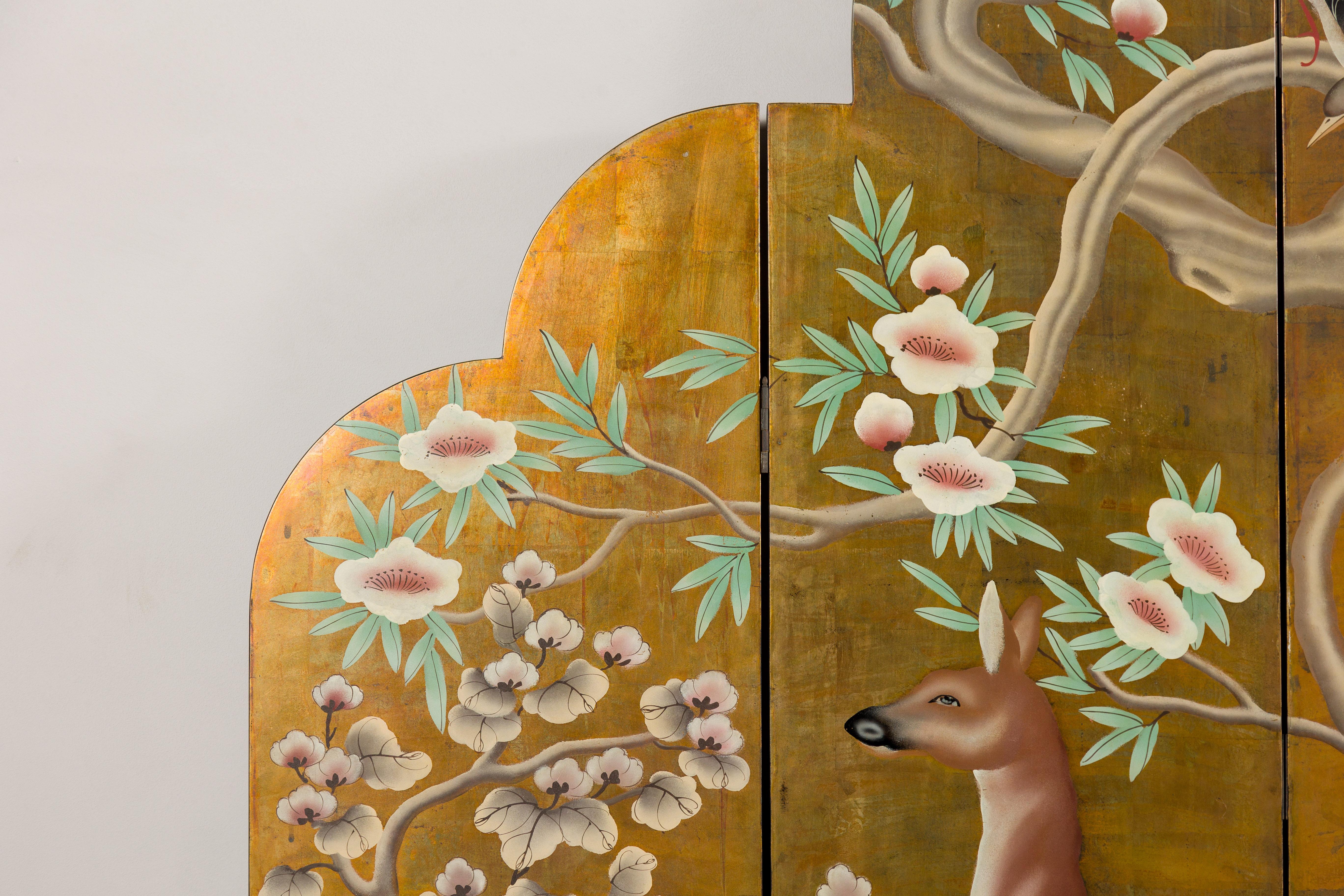 20th Century Four-Panel Gilded Wood Scalloped Top Screen with Deer, Trees and Flowers