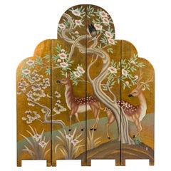 Four-Panel Gilded Wood Scalloped Top Screen with Deer, Trees and Flowers
