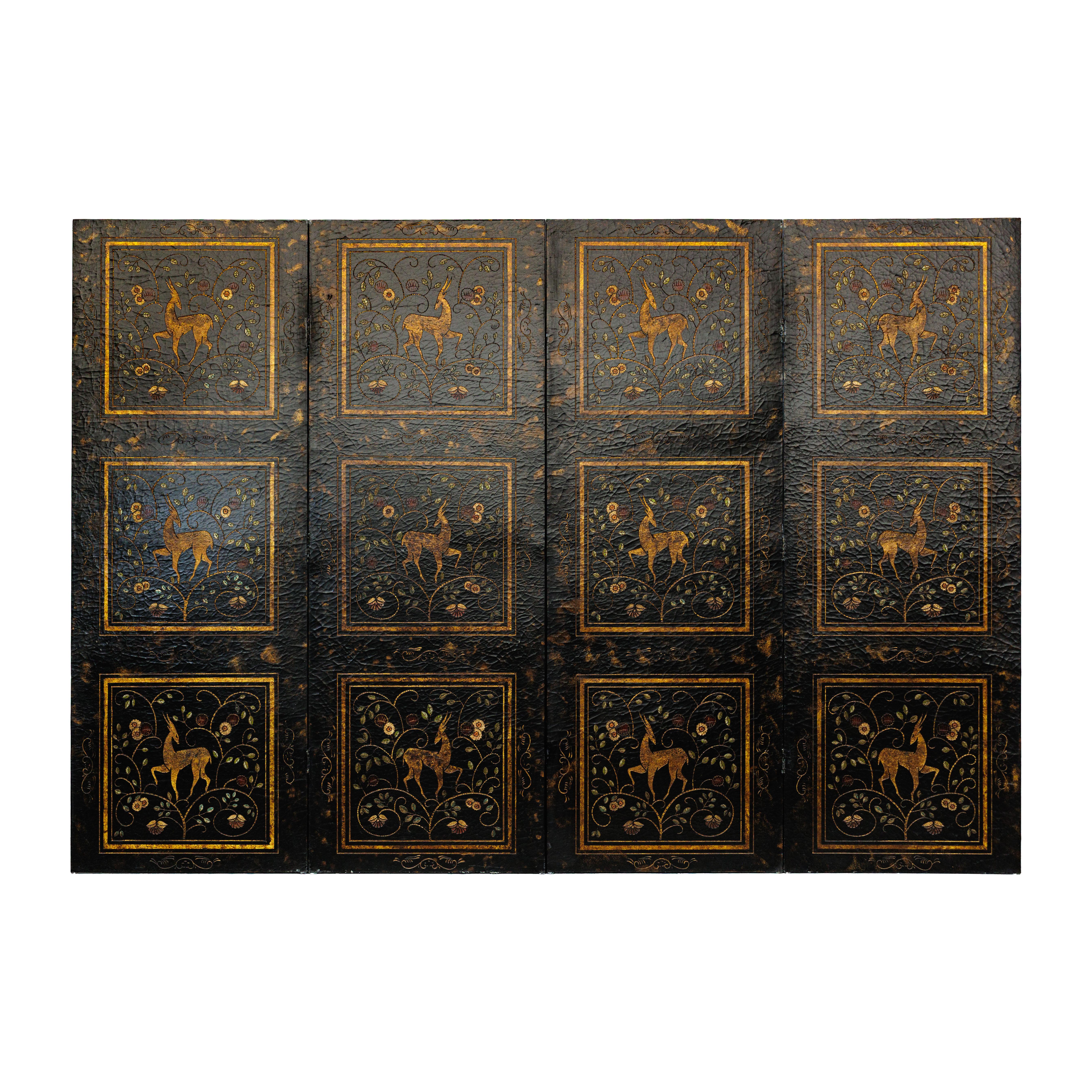 Four-Panel Gilt Black Lacquered Screen with Deer and Floral Motifs For Sale 7