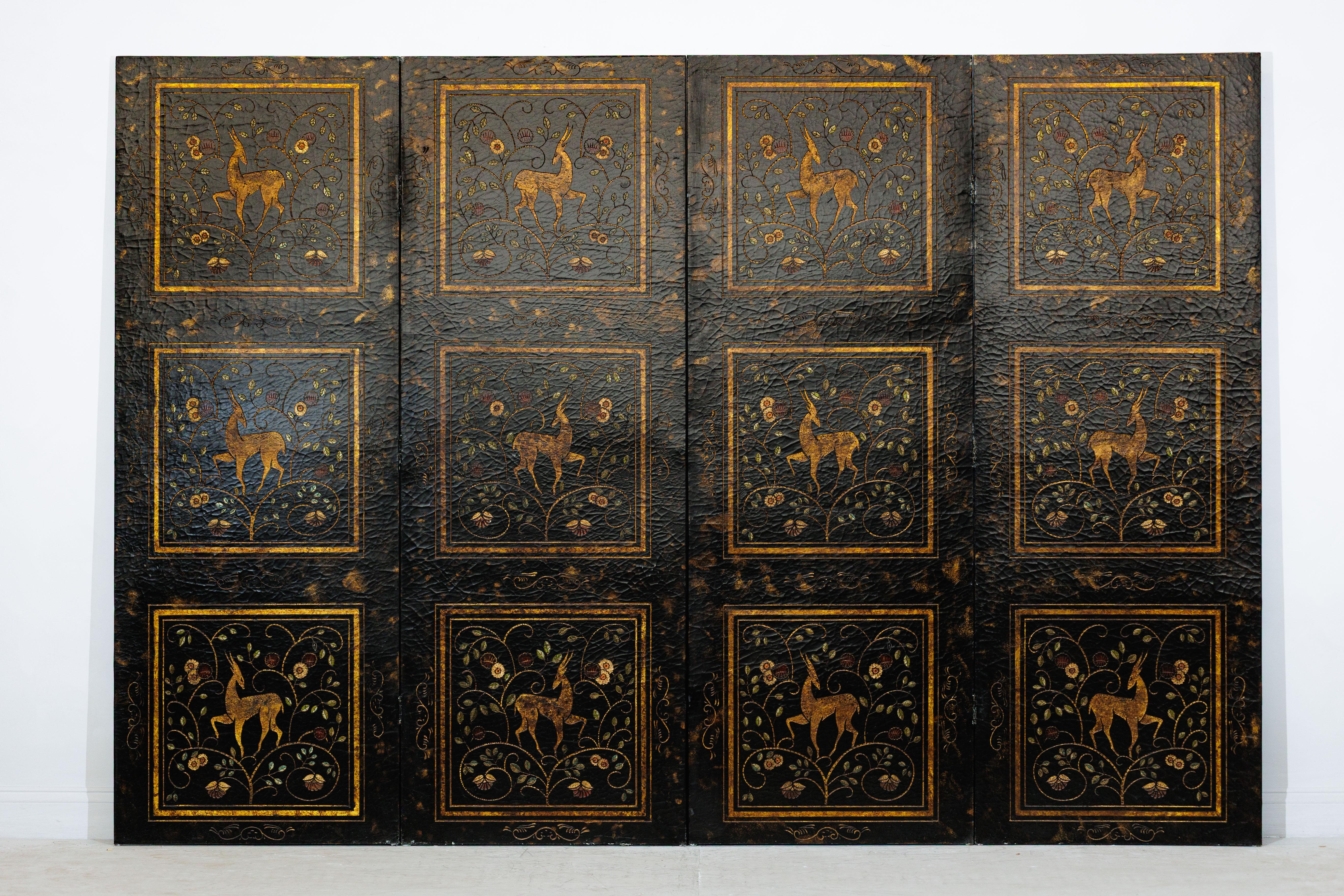 Chinese Four-Panel Gilt Black Lacquered Screen with Deer and Floral Motifs For Sale