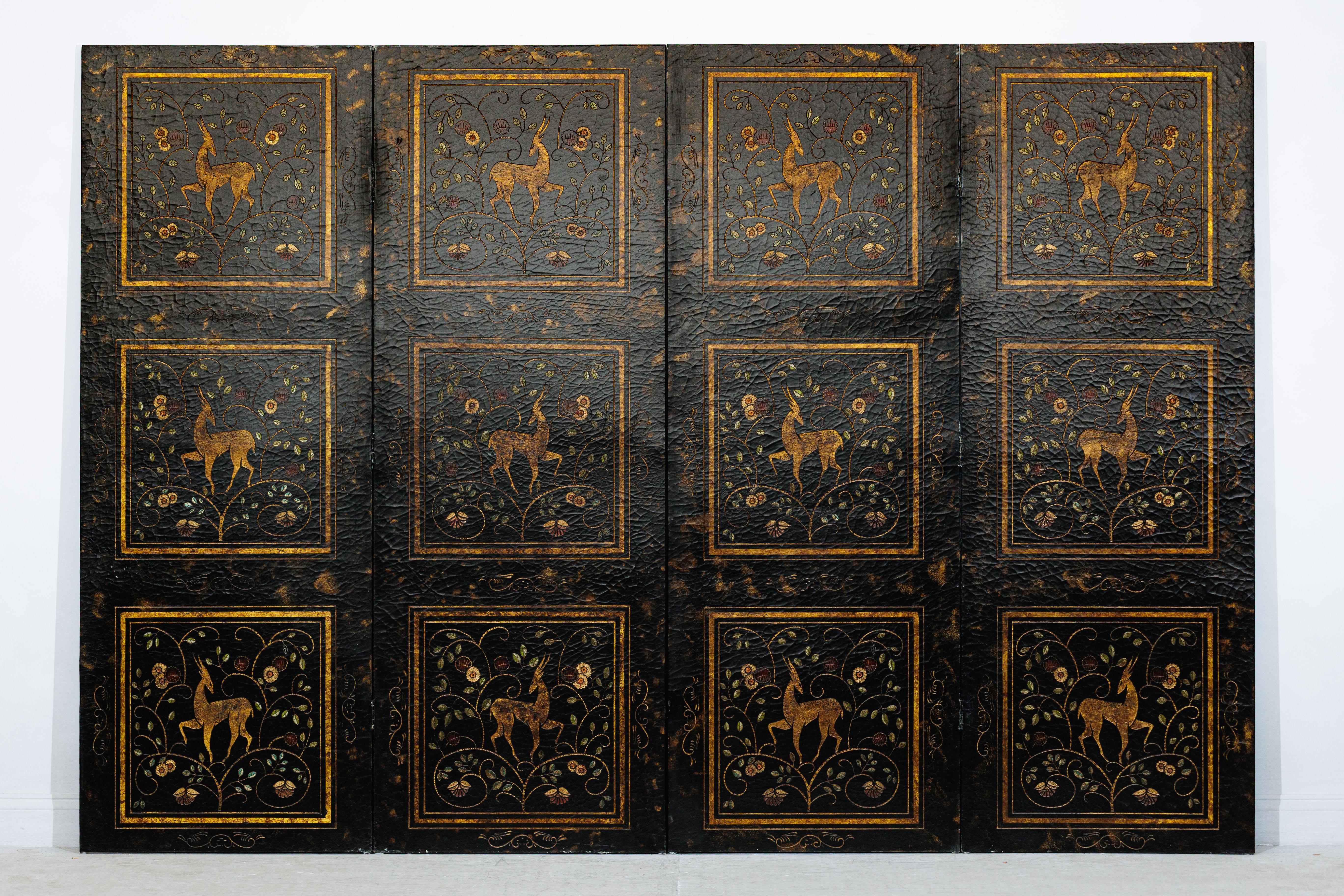 Carved Four-Panel Gilt Black Lacquered Screen with Deer and Floral Motifs For Sale