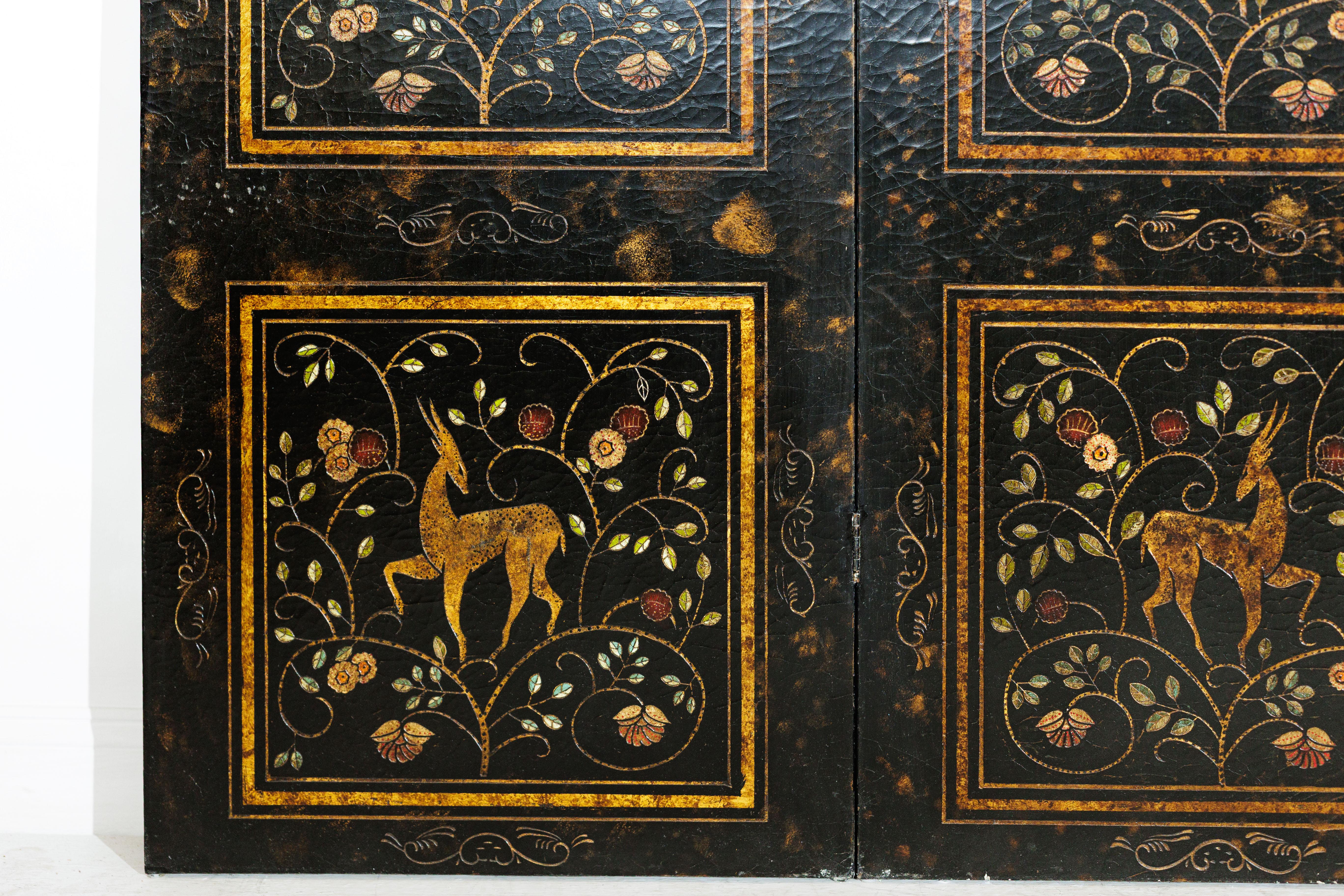 Wood Four-Panel Gilt Black Lacquered Screen with Deer and Floral Motifs For Sale