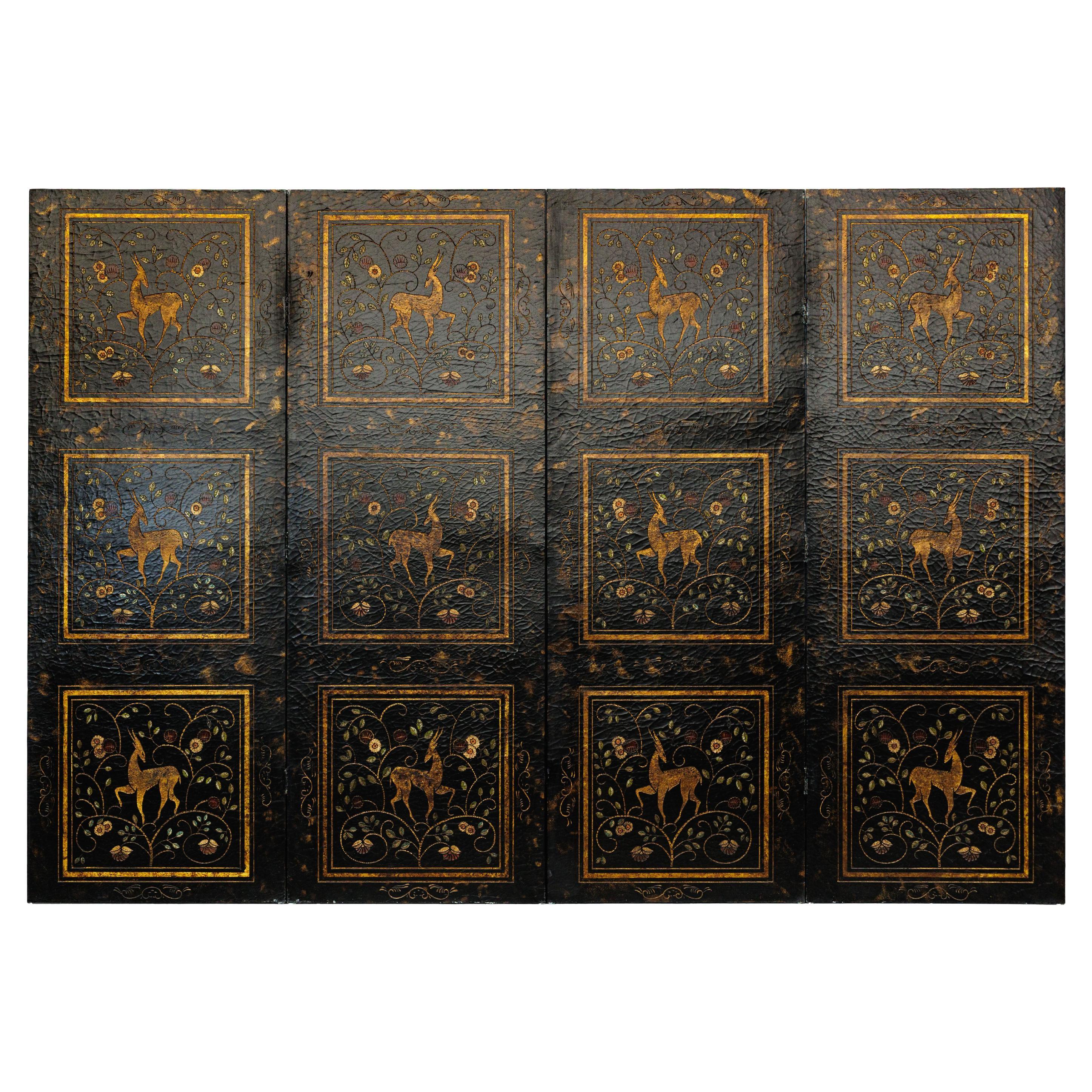 Four-Panel Gilt Black Lacquered Screen with Deer and Floral Motifs For Sale