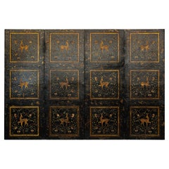 Four-Panel Gilt Black Lacquered Screen with Deer and Floral Motifs