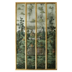Espejo De Cuatro Paneles Con Marco Dorado Y Escena Bucólica Pintada