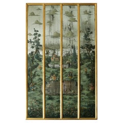 Four Panel Gilt Frame Mirror With Painted Bucolic Scene