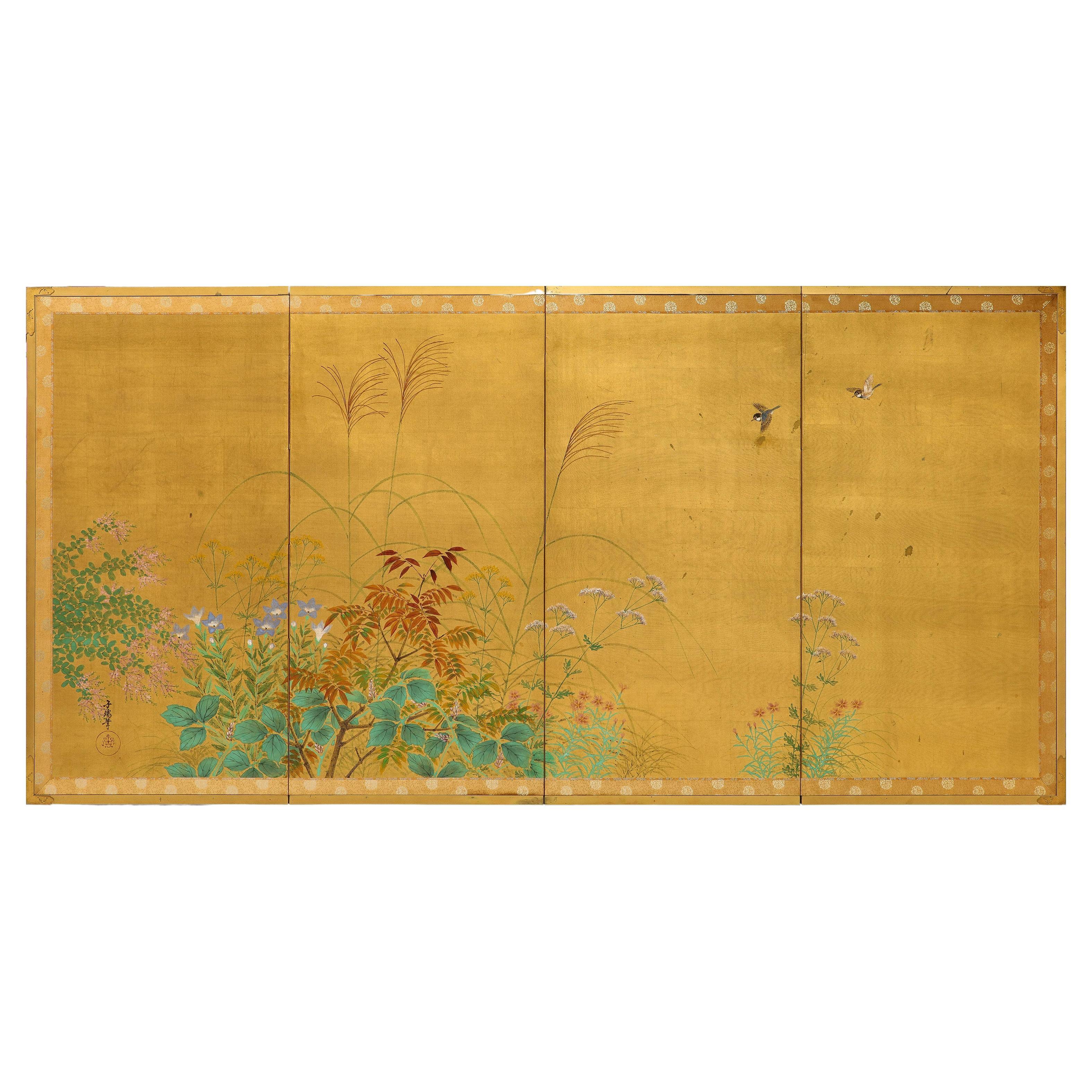 Four Panel Gold Leaf Screen For Sale