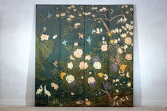 Four-Panel Green Lacquer Screen with Hand-Painted Birds and Blossoms