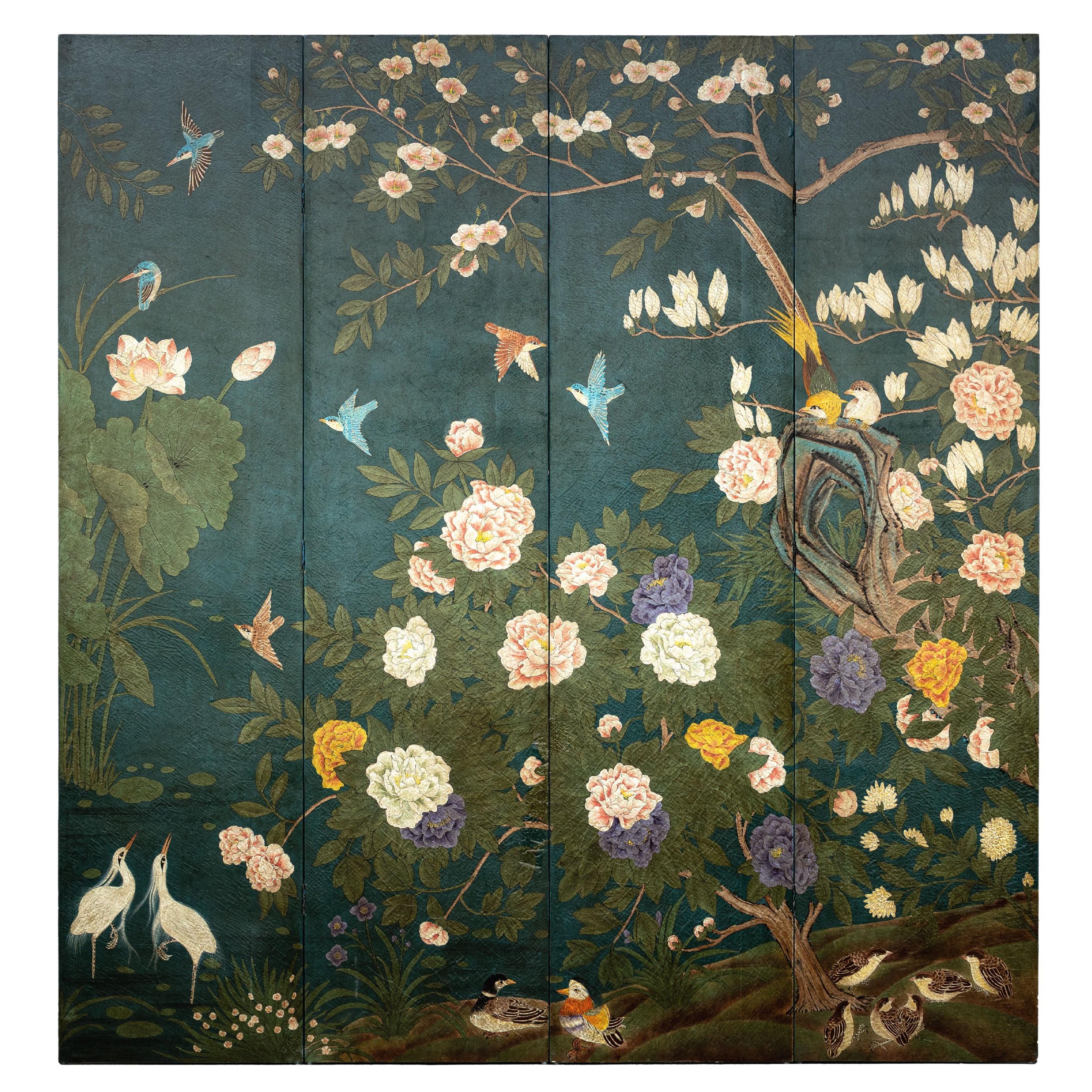 Four-Panel Green Lacquer Screen with Hand-Painted Birds and Blossoms