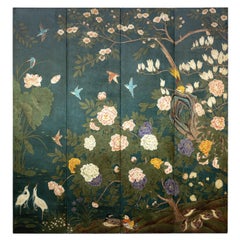 Four-Panel Green Lacquer Screen with Hand-Painted Birds and Blossoms
