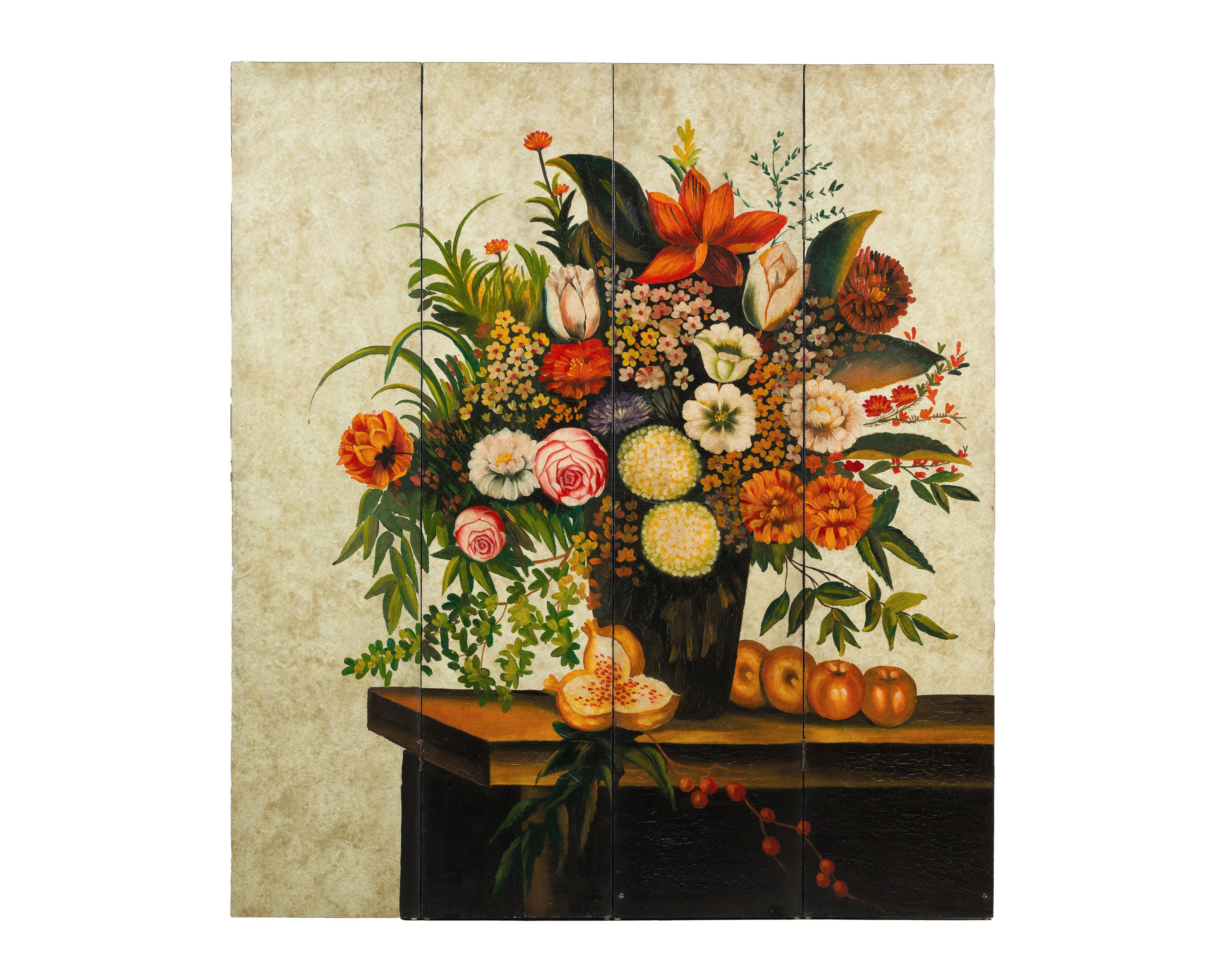 Paravento Foldes a quattro pannelli dipinto a mano con composizione floreale still-life in vendita 7