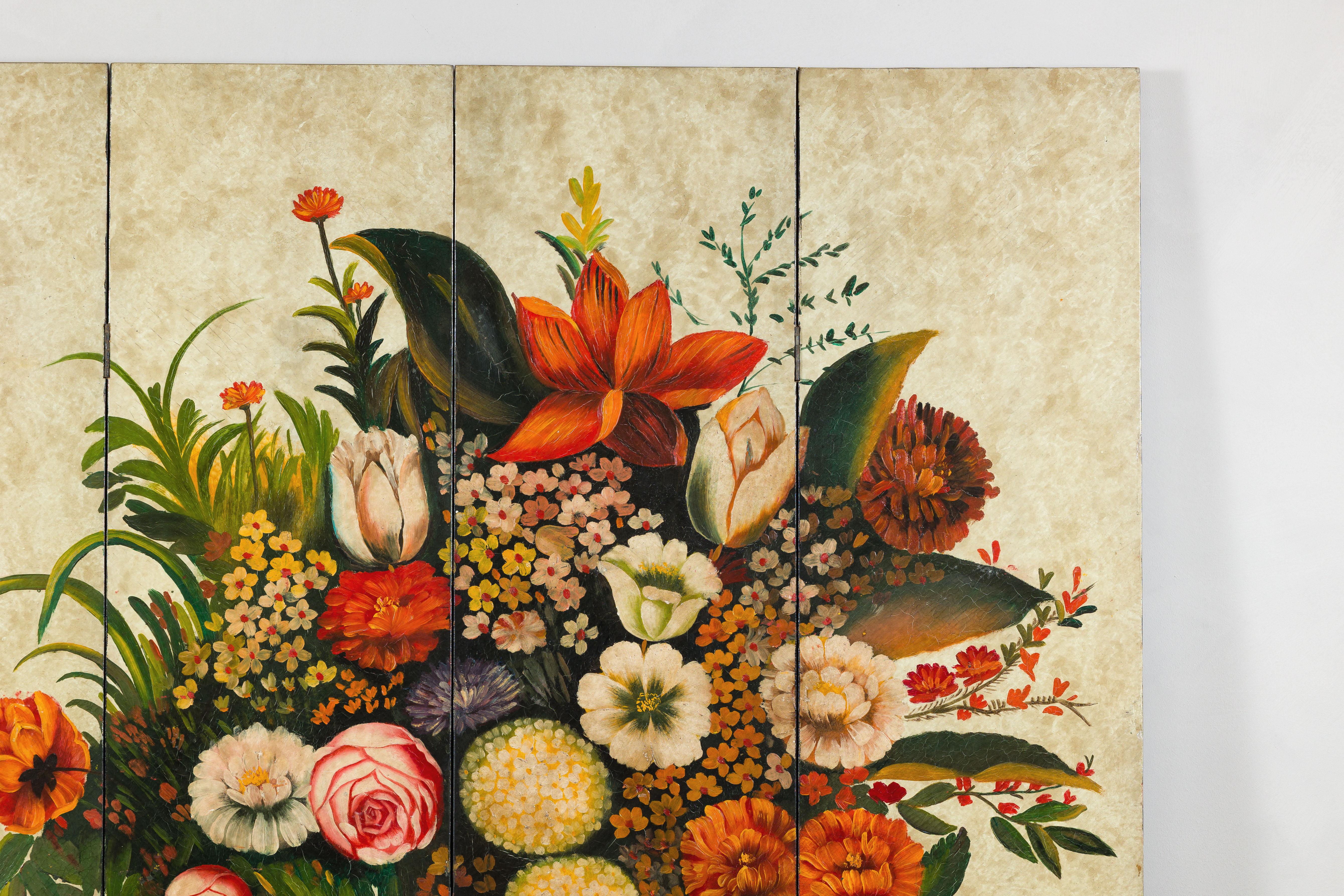 Laccato Paravento Foldes a quattro pannelli dipinto a mano con composizione floreale still-life in vendita