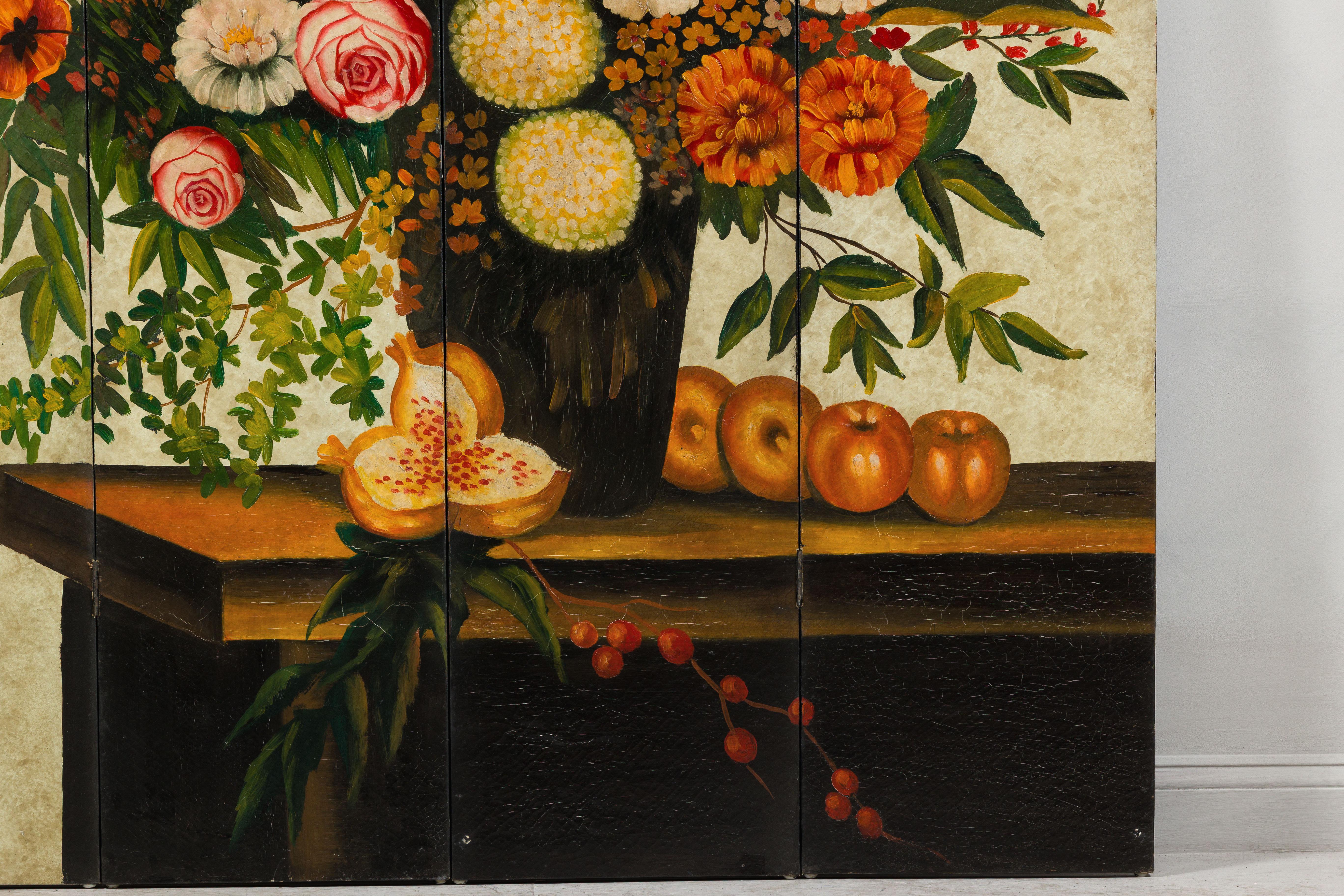 Legno Paravento Foldes a quattro pannelli dipinto a mano con composizione floreale still-life in vendita
