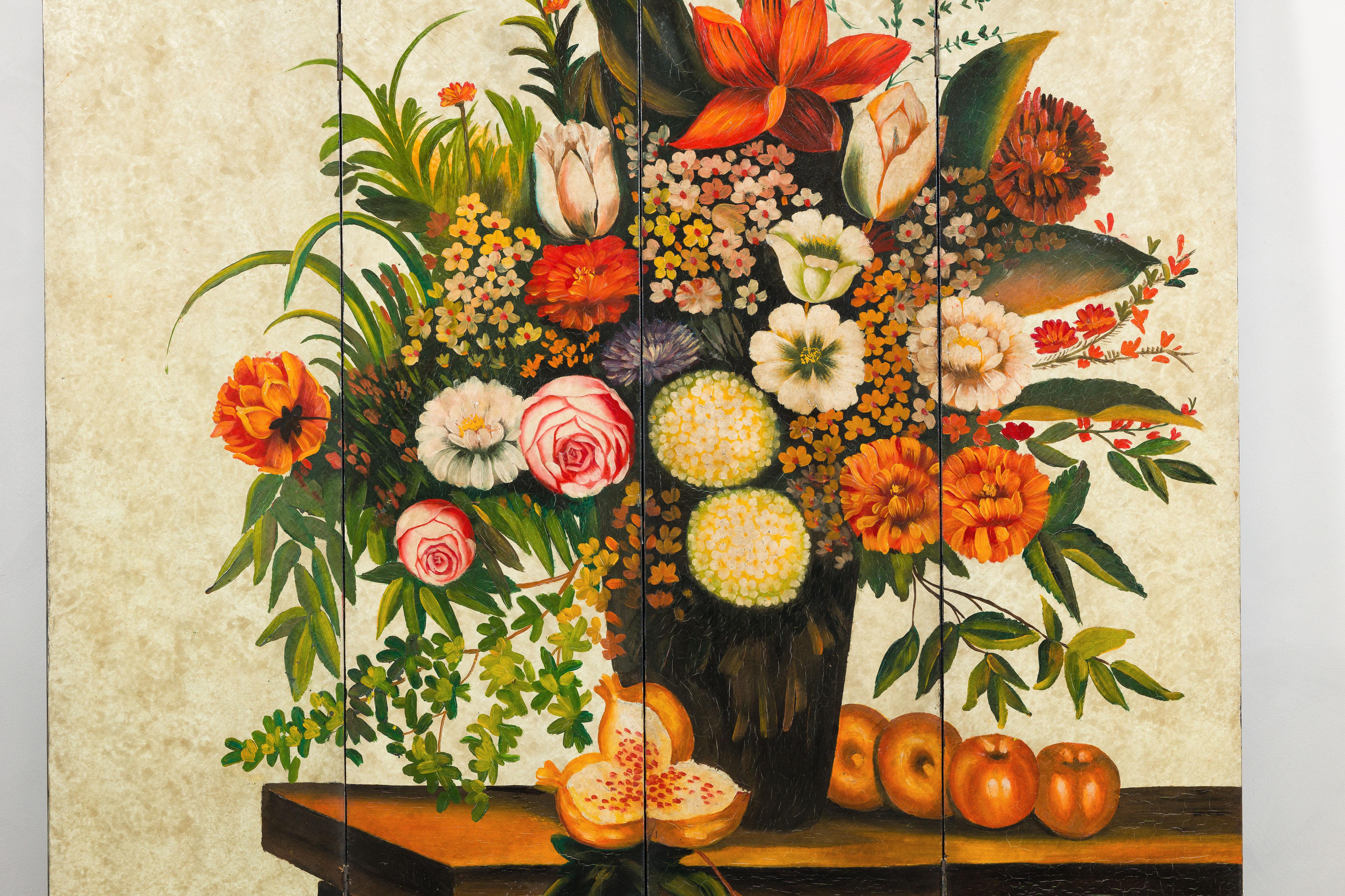 Paravento Foldes a quattro pannelli dipinto a mano con composizione floreale still-life in vendita 2