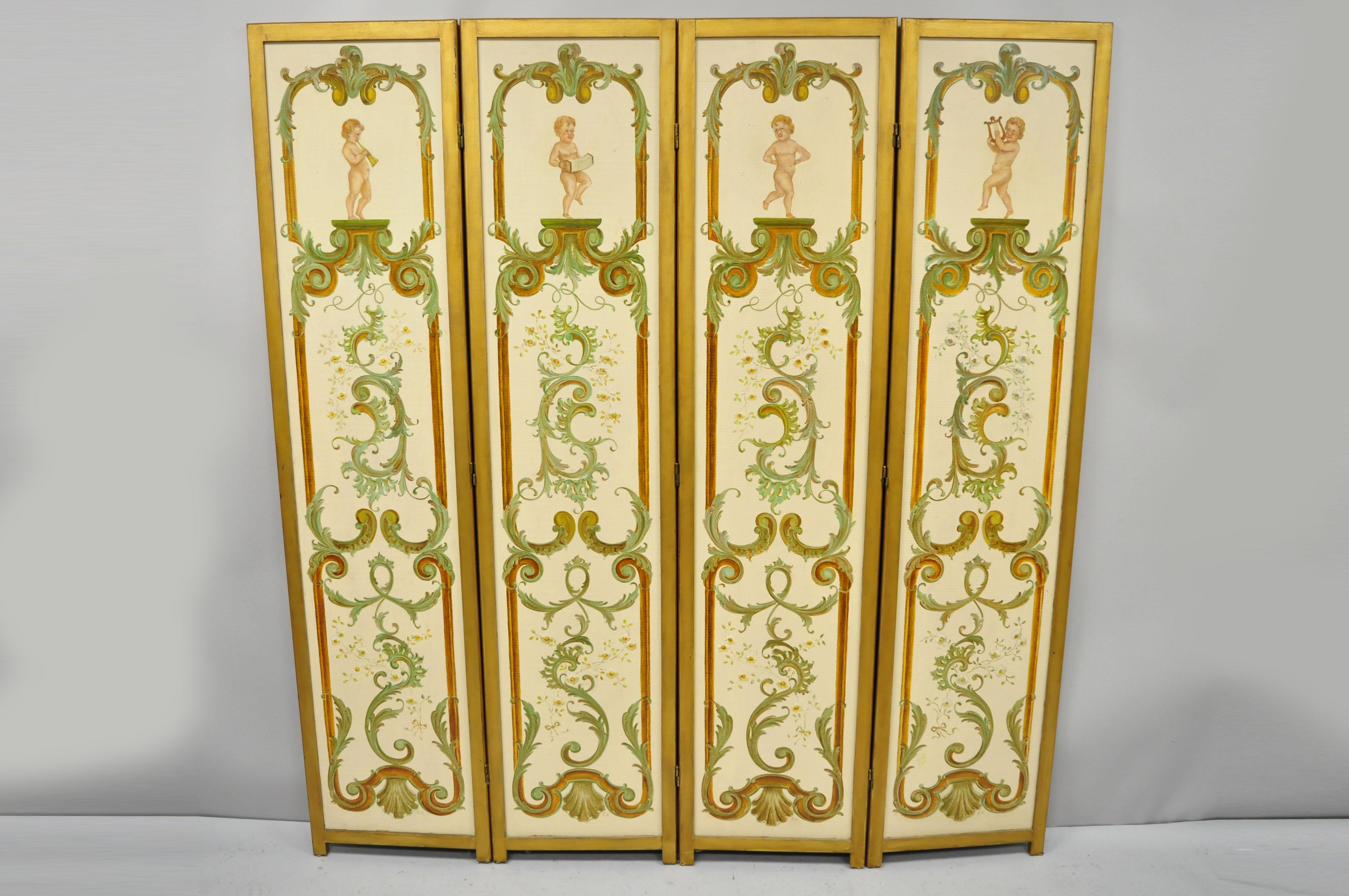 French Provincial Four Panel Hand Painted French Cherub Putti Musical Dressing Screen Room Divider