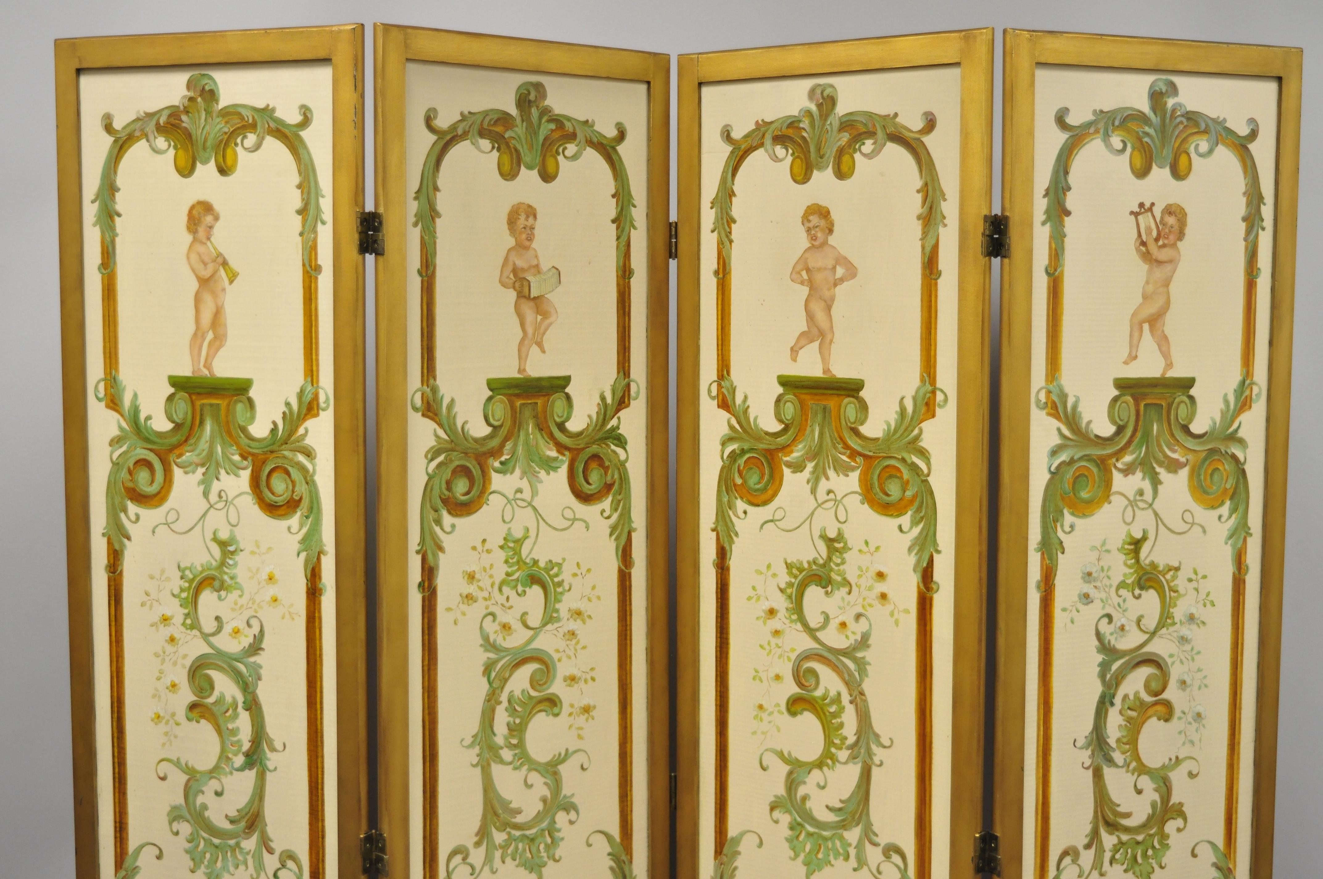 Four Panel Hand Painted French Cherub Putti Musical Dressing Screen Room Divider In Good Condition In Philadelphia, PA