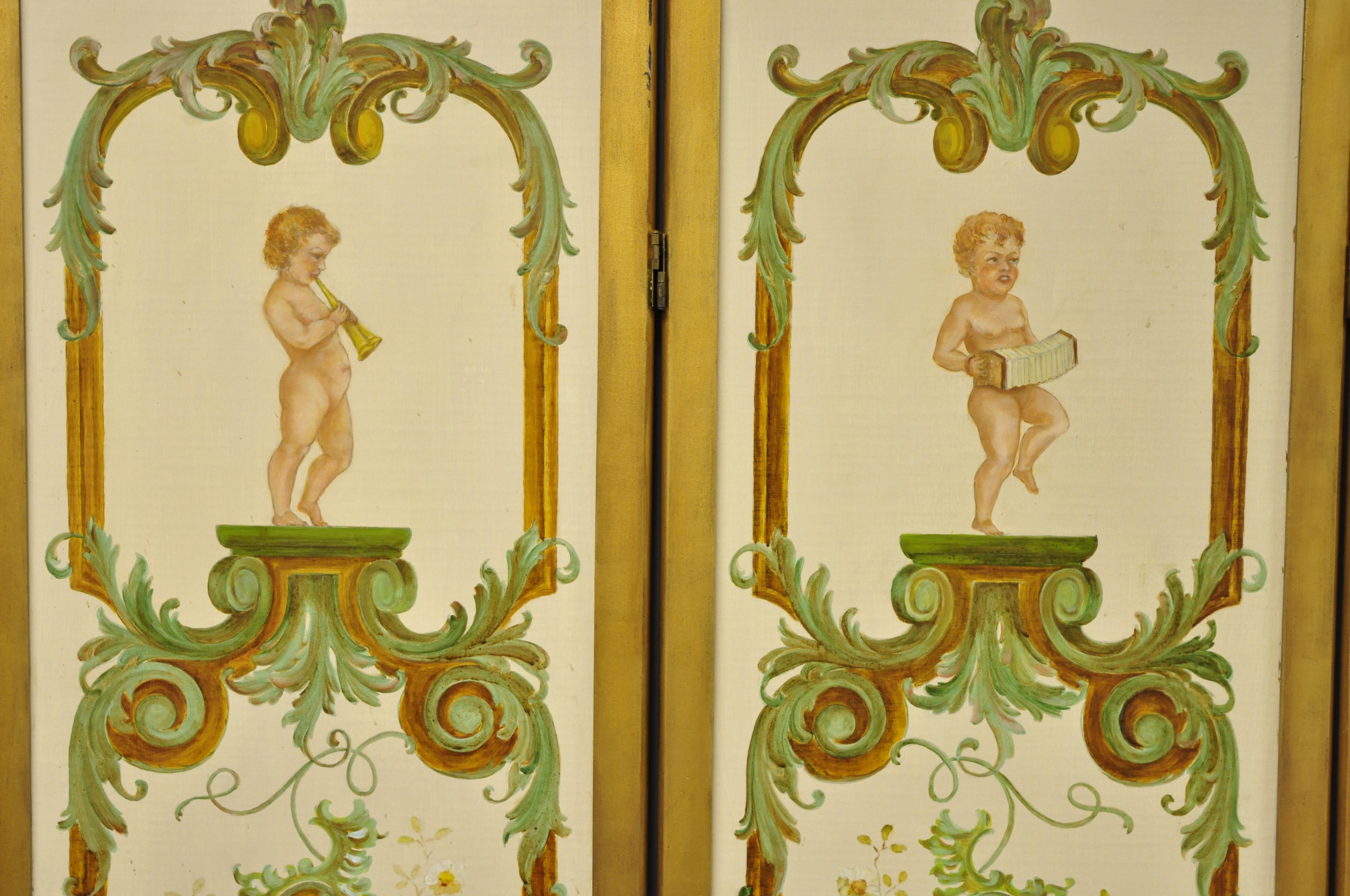 20th Century Four Panel Hand Painted French Cherub Putti Musical Dressing Screen Room Divider