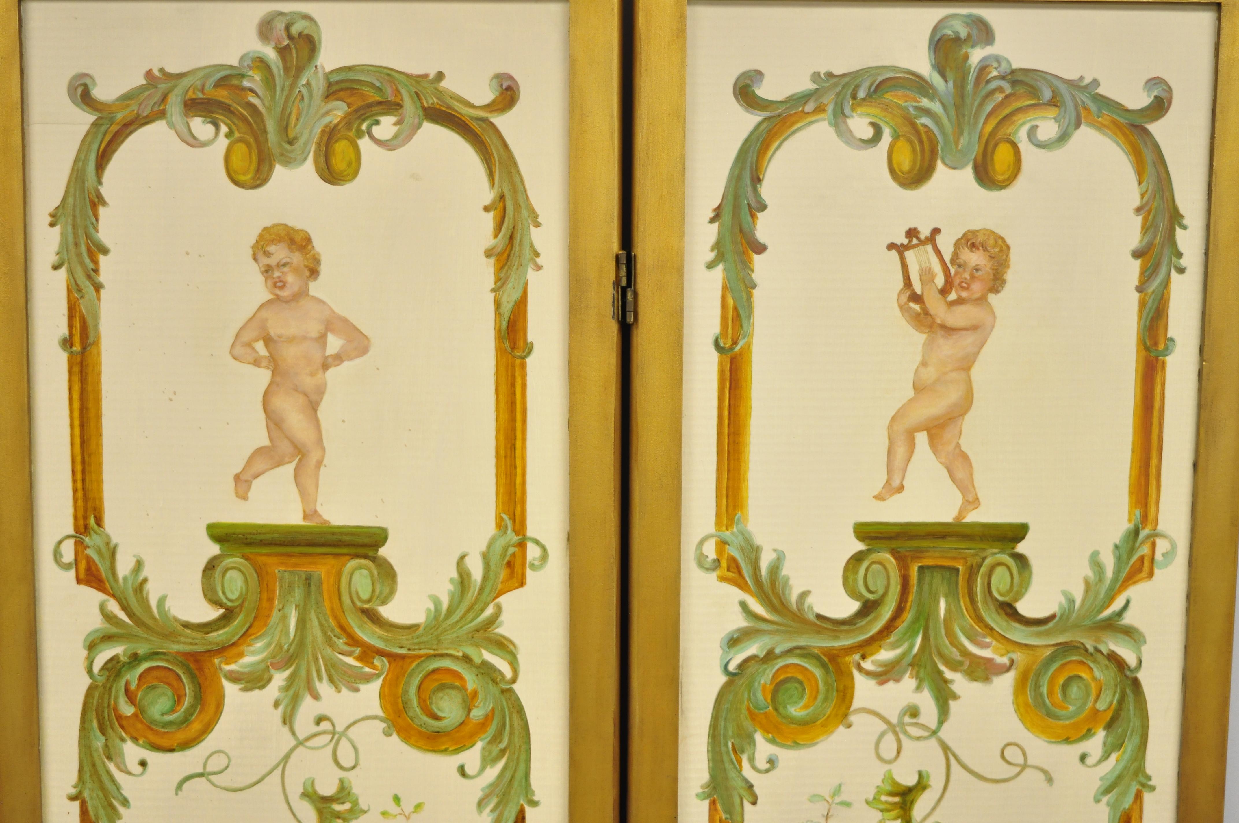 Wood Four Panel Hand Painted French Cherub Putti Musical Dressing Screen Room Divider