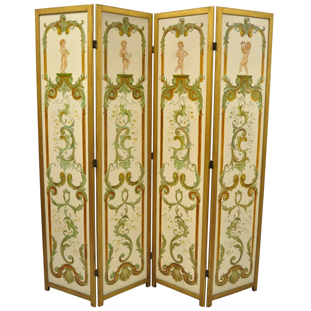 Four Panel Hand Painted French Cherub Putti Musical Dressing Screen Room Divider