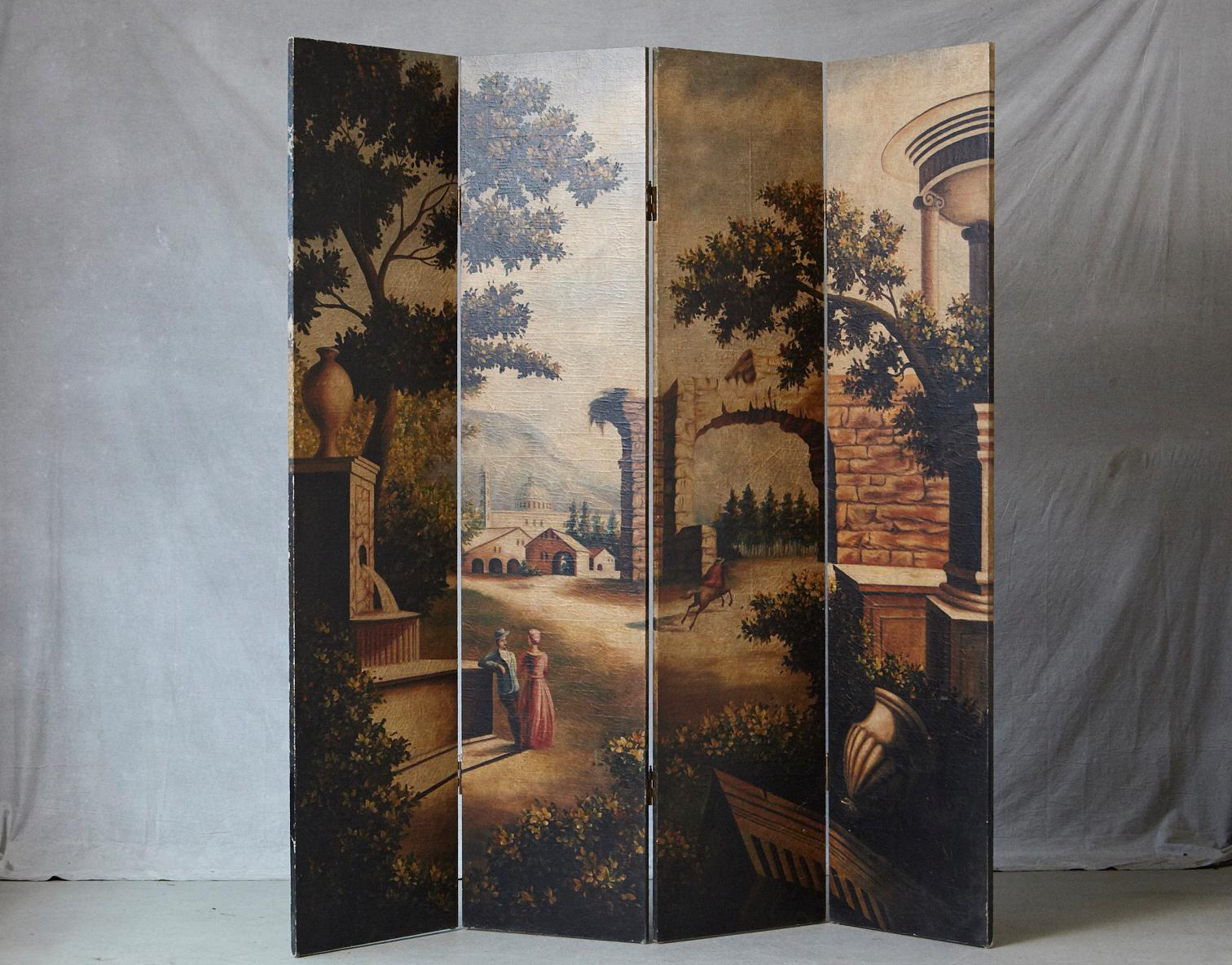 4-panel hand-painted wood screen featuring a landscape with a variation of architectural motifs on an antiqued crackled background. The back has a stucco plaster like painted finish. The screen is from Decorative Crafts, circa 1980s.
Each panel