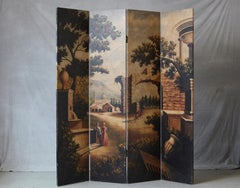 Four Panel Hand-Painted Screen Featuring a Landscape with Architectural Motifs