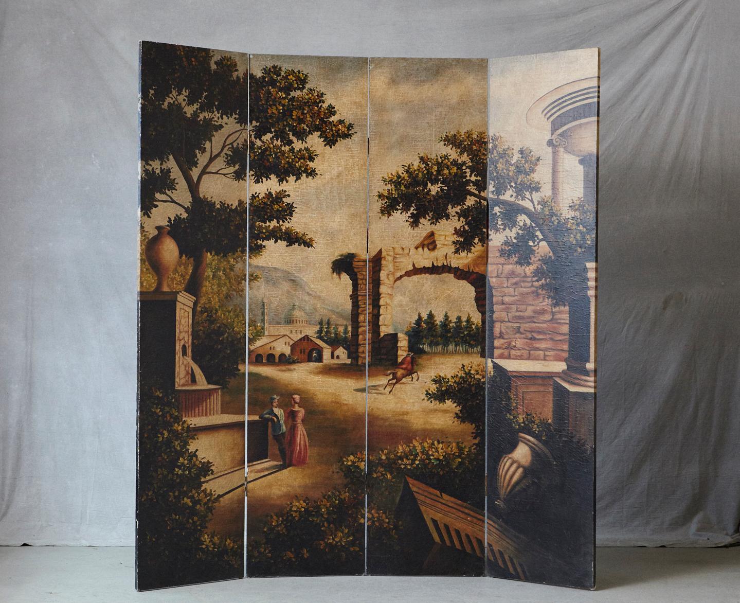 American Four Panel Hand-Painted Screen Featuring a Landscape with Architectural Motifs