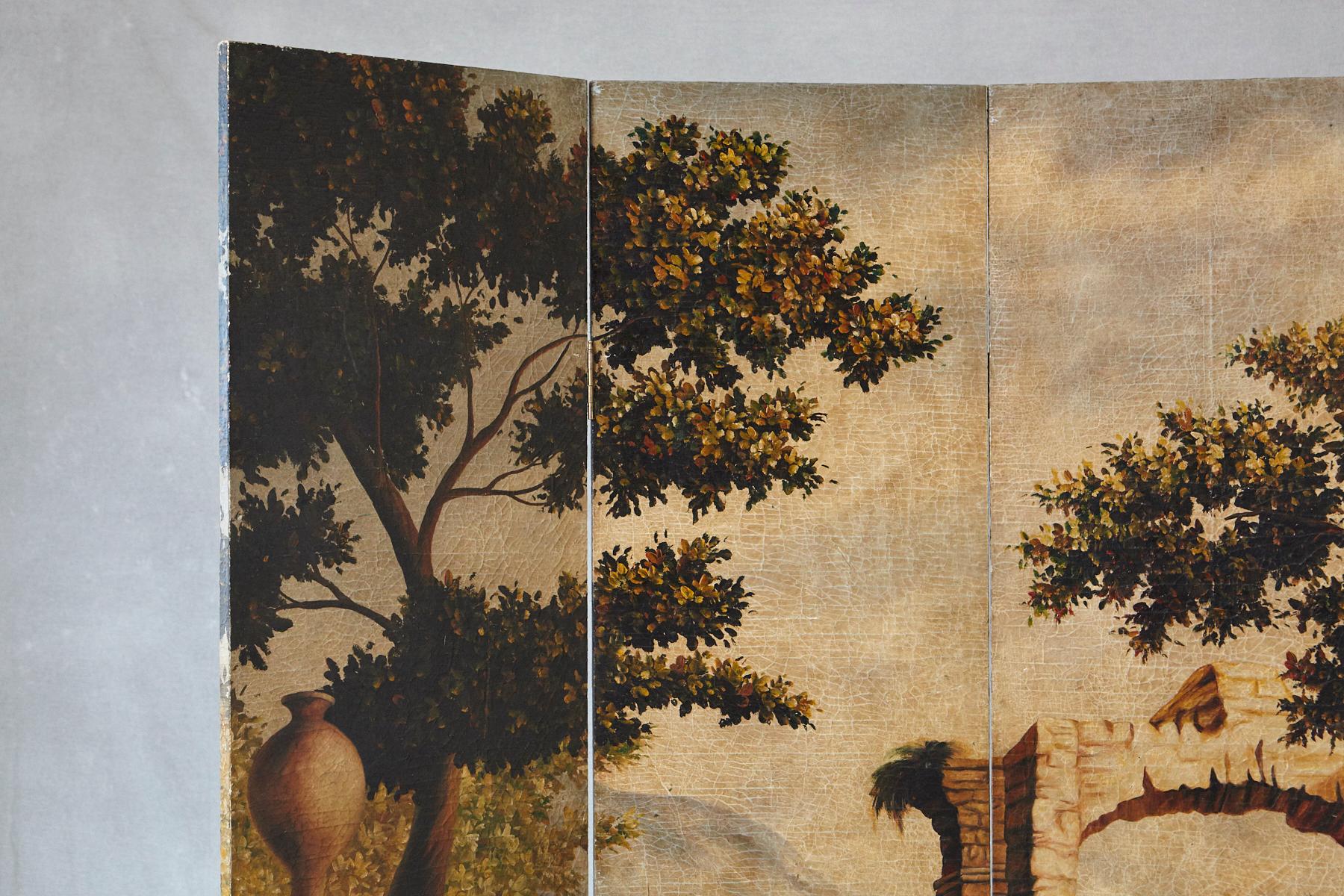 Four Panel Hand-Painted Screen Featuring a Landscape with Architectural Motifs In Good Condition In Pau, FR