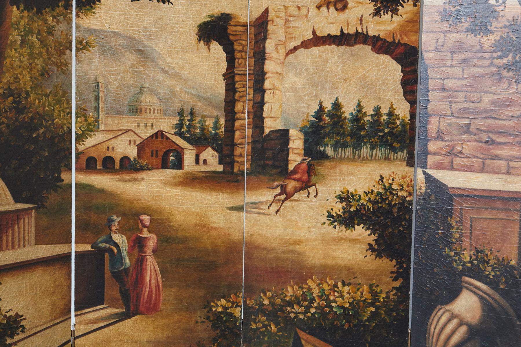 Late 20th Century Four Panel Hand-Painted Screen Featuring a Landscape with Architectural Motifs