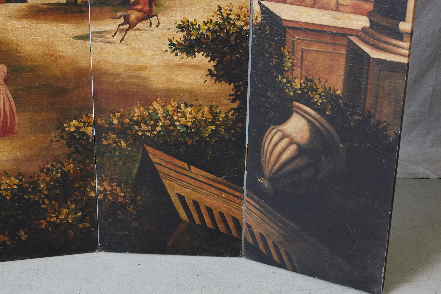 Wood Four Panel Hand-Painted Screen Featuring a Landscape with Architectural Motifs