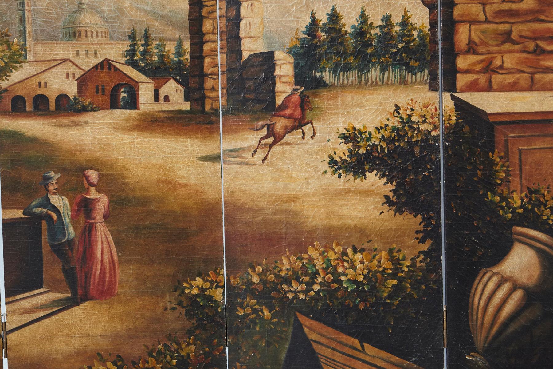 Four Panel Hand-Painted Screen Featuring a Landscape with Architectural Motifs 1