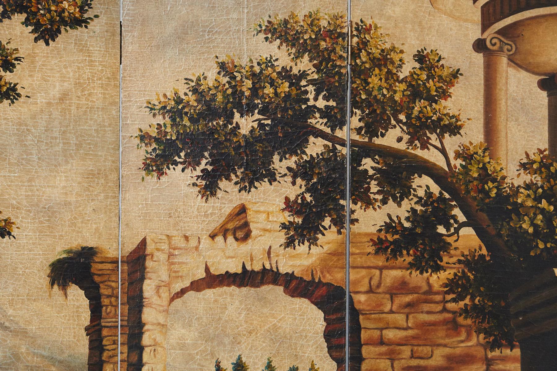 Four Panel Hand-Painted Screen Featuring a Landscape with Architectural Motifs 2