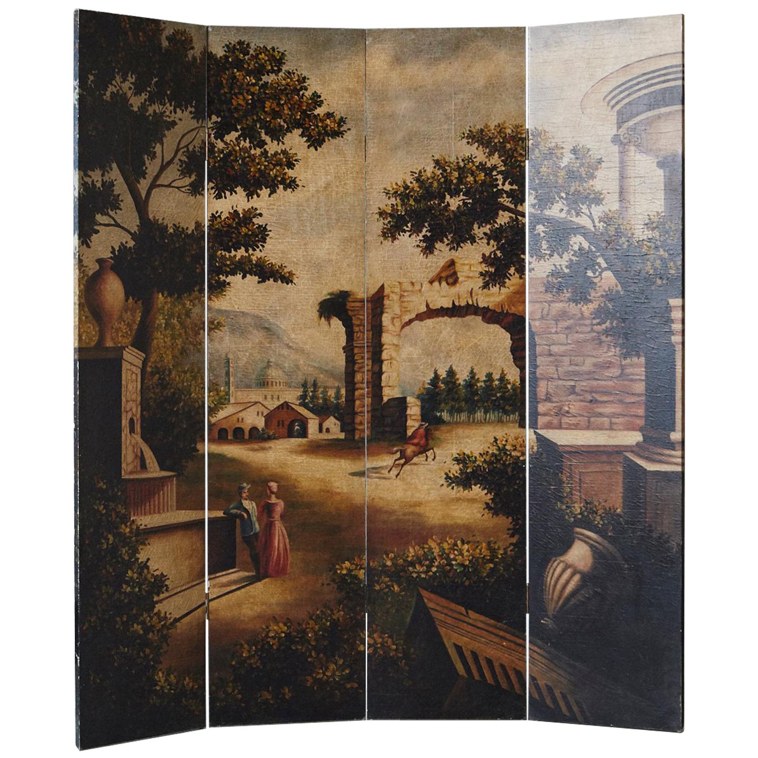 Four Panel Hand-Painted Screen Featuring a Landscape with Architectural Motifs