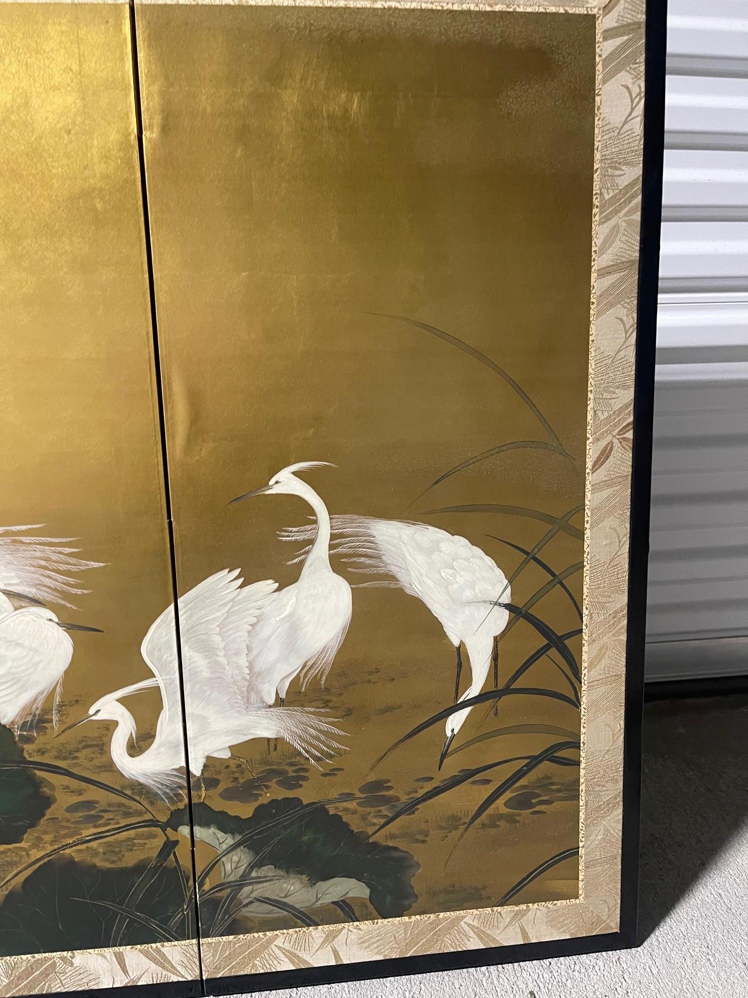 Four-panel Japanese Byobu Folding Screen depicts a scene of Egrets, 20th Century For Sale 6