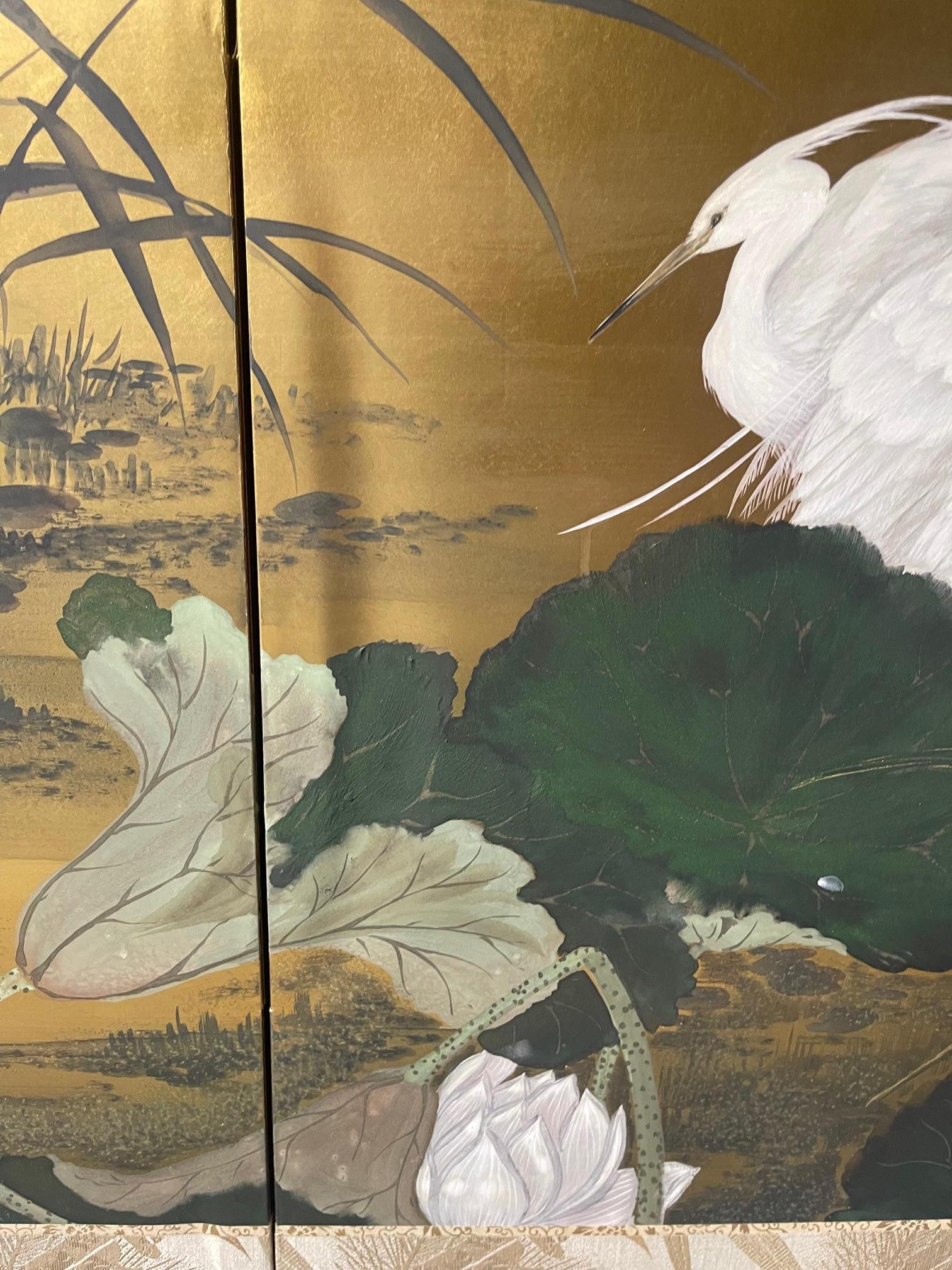 Four-panel Japanese Byobu Folding Screen depicts a scene of Egrets, 20th Century For Sale 7
