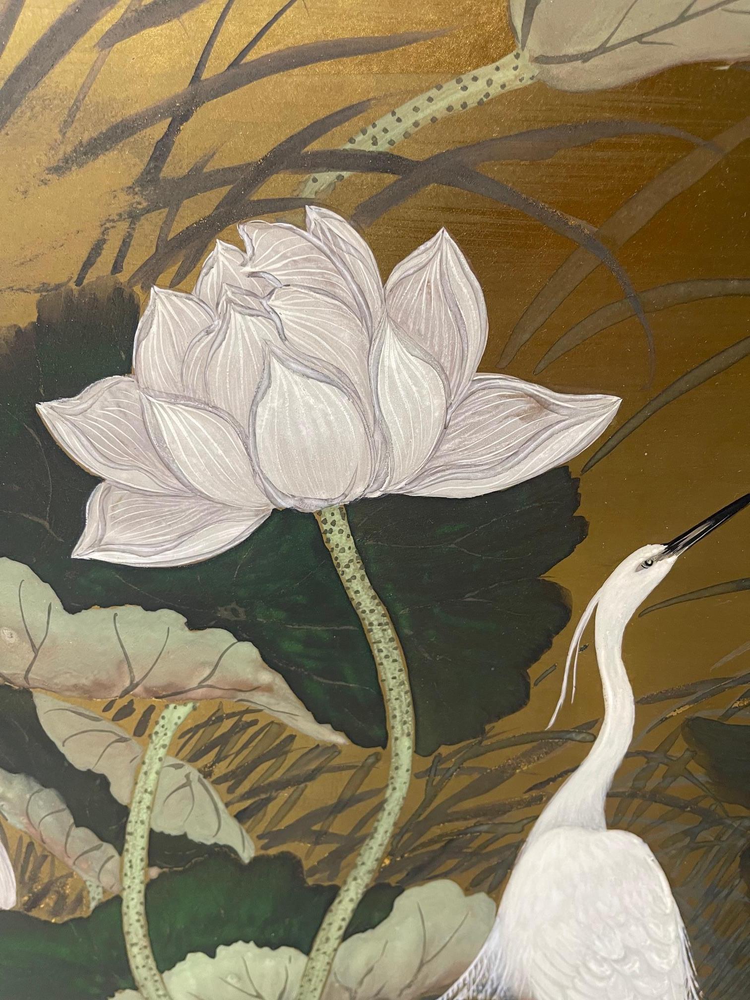 Four-panel Japanese Byobu Folding Screen depicts a scene of Egrets, 20th Century For Sale 8