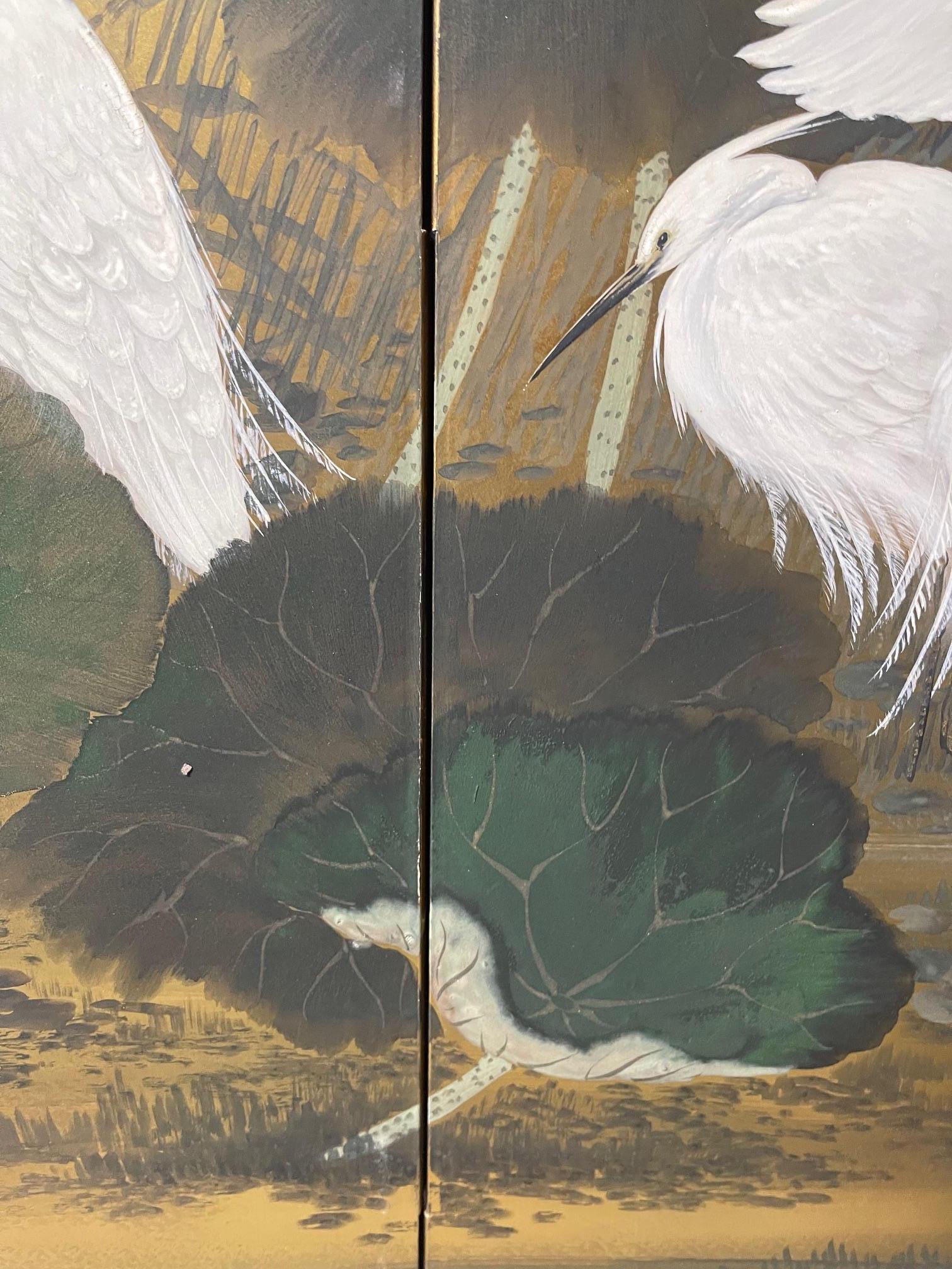 Four-panel Japanese Byobu Folding Screen depicts a scene of Egrets, 20th Century For Sale 10