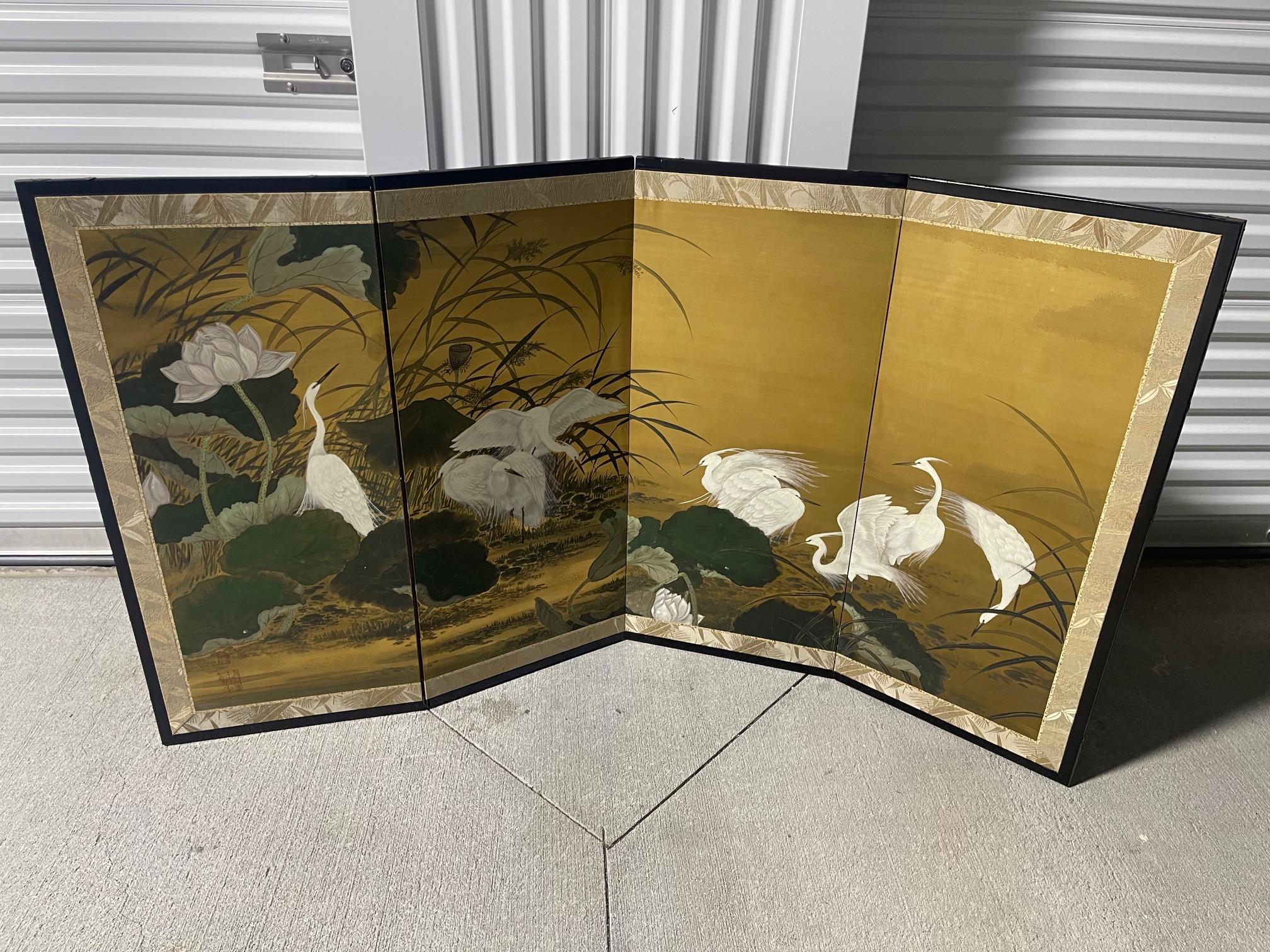 Four-panel Japanese Byobu Folding Screen depicts a scene of Egrets, 20th Century For Sale 13
